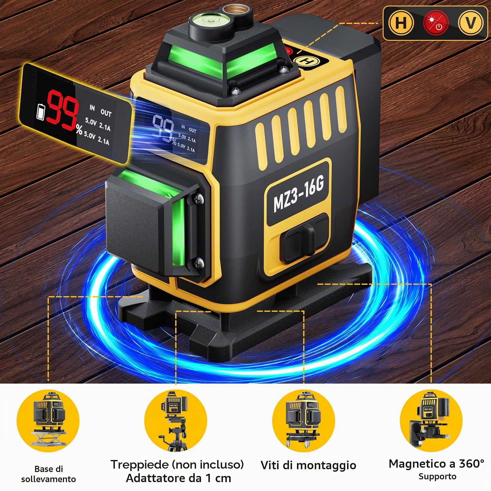 Livella Laser Autolivellante 16 Linee, 4 X 360 °Livello Laser Autolivellante Verde, laser verde display di potenza, 2 x Batterie, Autolivellante,Luminosità regolabile,Telecomando,Base Magnetica