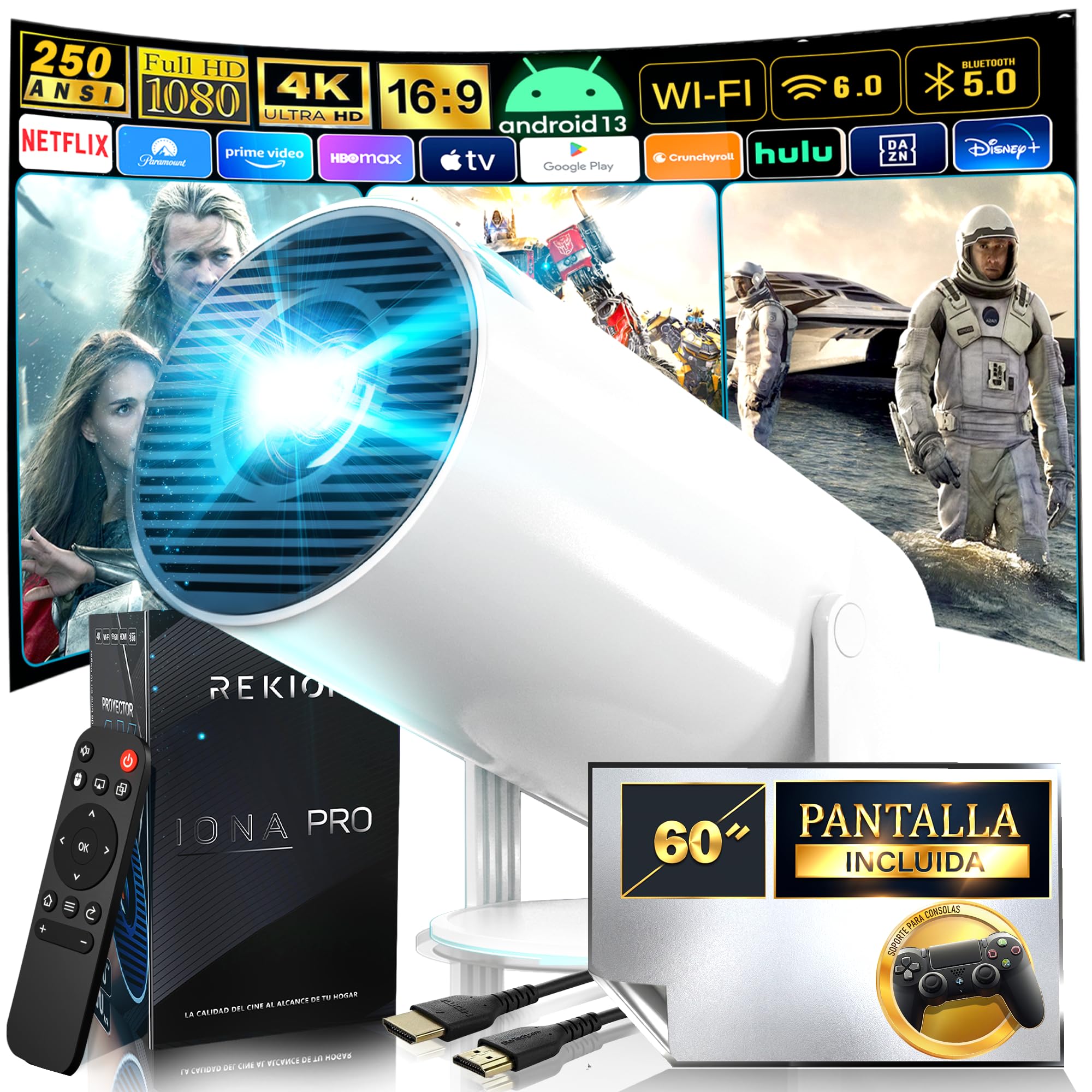 REKION® [Built-in Apps] HY.300 4K Portable Projector + Screen 60 Inches | HDMI Included | 1080P Full HD 250 ANSI 9000 Lumens | WiFi 6 Bluetooth 5.0 | Android 13 | 180° Rotable