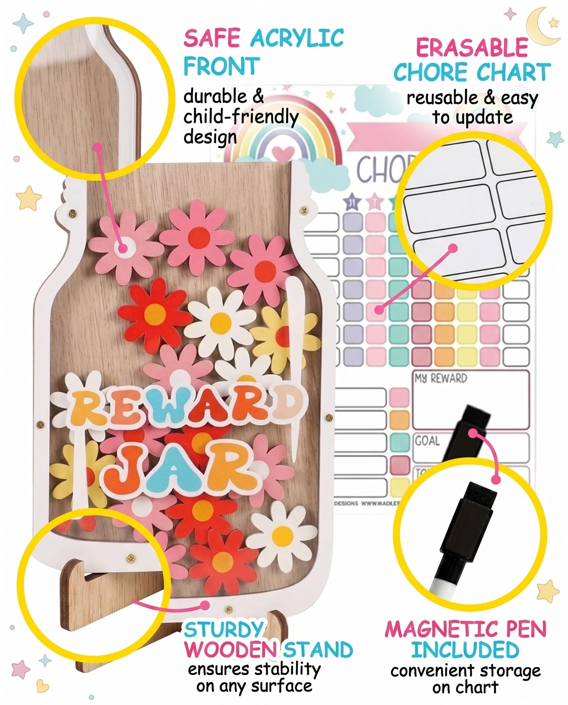 Tabella delle Ricompense per Bambini con 30 Stelle e Lavagna Magnetica Sistema di Ricompensa per Casa, Scuola e Aula (Fiori Colorati)