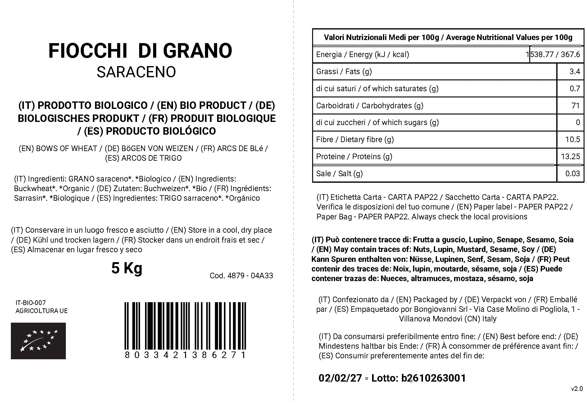 BONGIOVANNI FARINE E BONTA' NATURALI Fiocchi di Grano Saraceno - 5Kg