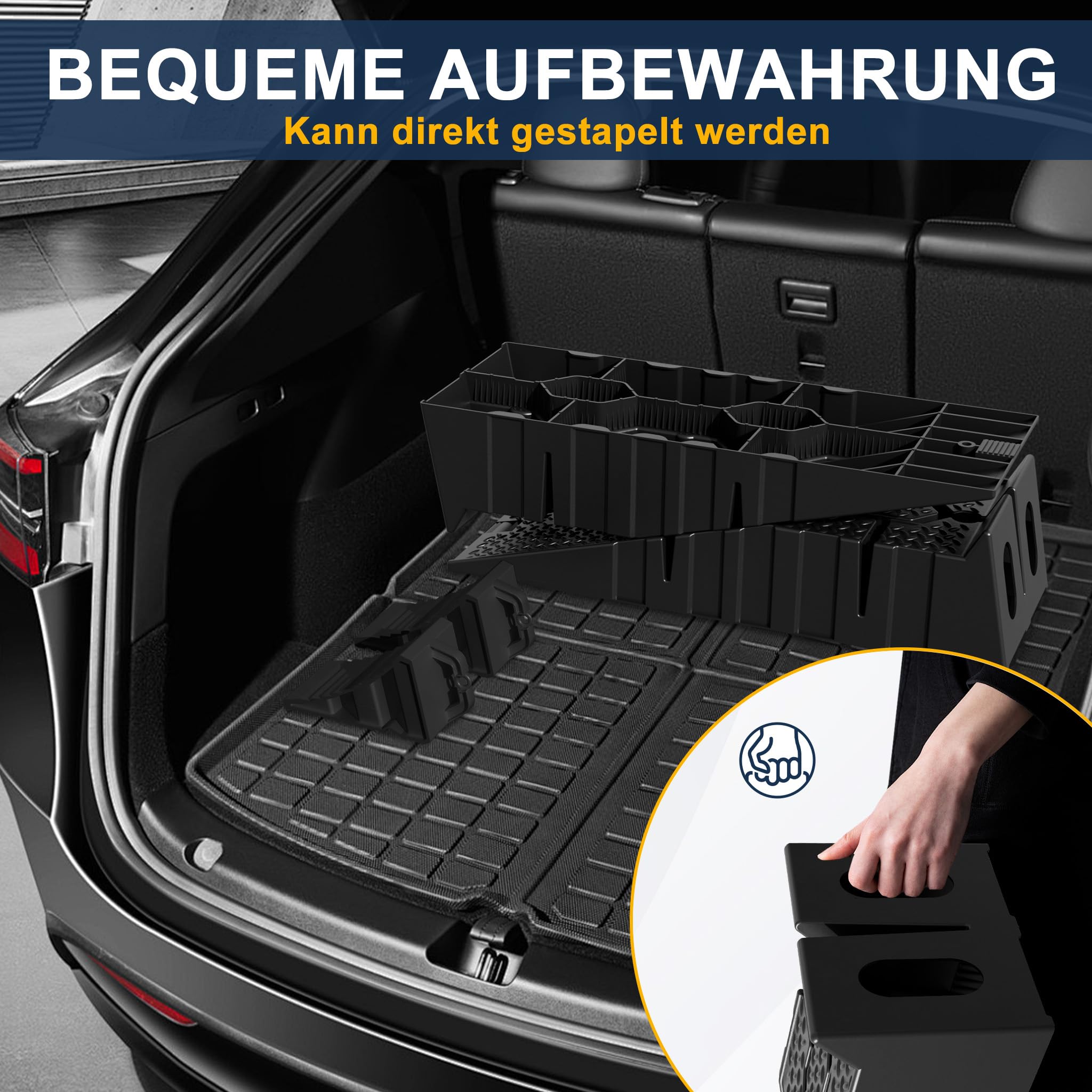 Aufun Auffahrrampe PKW 2er Set, Einzelne Rampe bis 2,5 T, Hochbelastbare Auto Rampe rutschfest für Wohnmobil, Anhänger, Garage, Werkstatt, Ölwechsel und Reparatur, Mit 2pcs Schwarz Unterlegkeil
