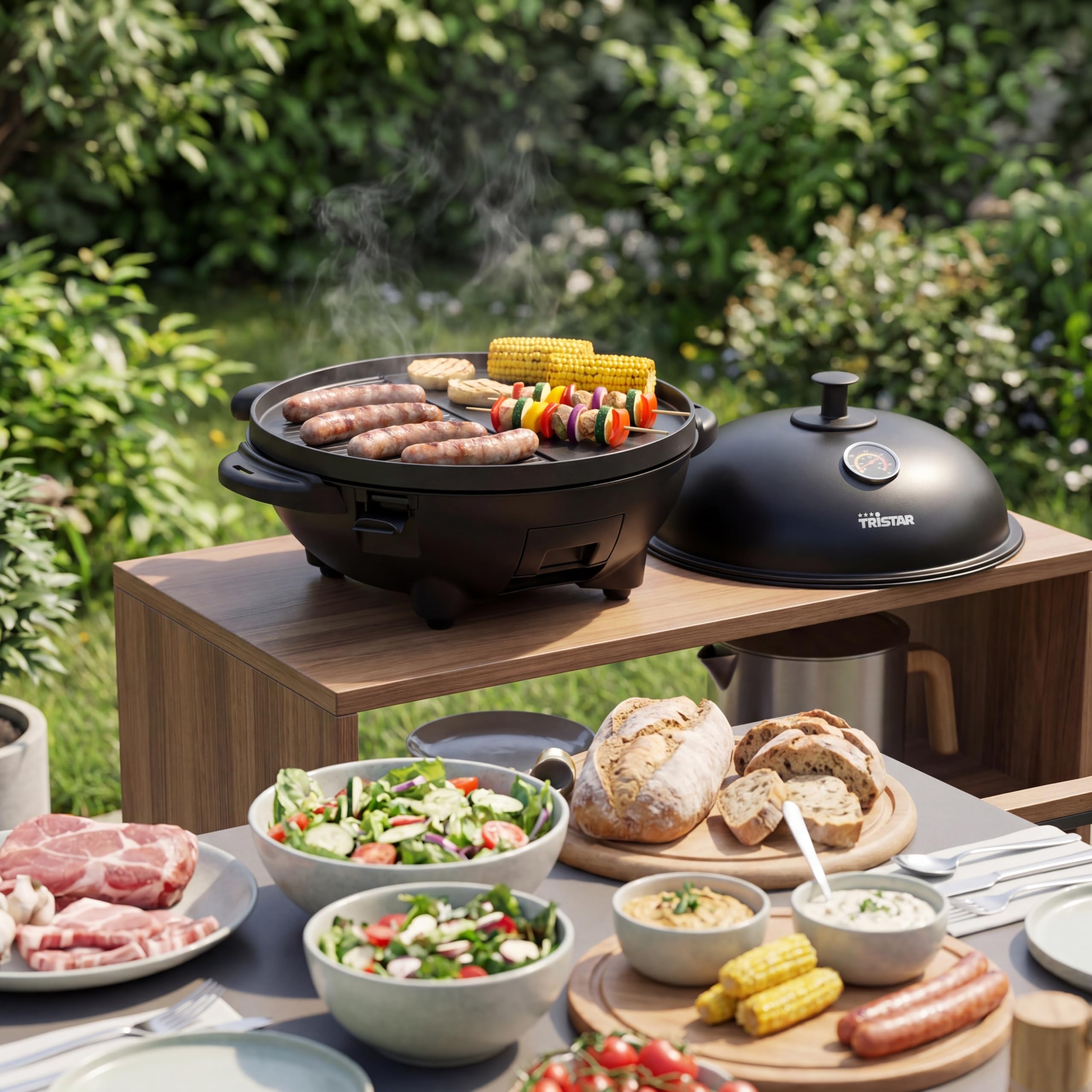 Tristar BQ-2885 elektryczny grill ze stojakiem, płyta grillowa 41 cm, 2200 W, może być również stosowany jako grill stołowy, pokrywa z termometrem i regulowanym termostatem
