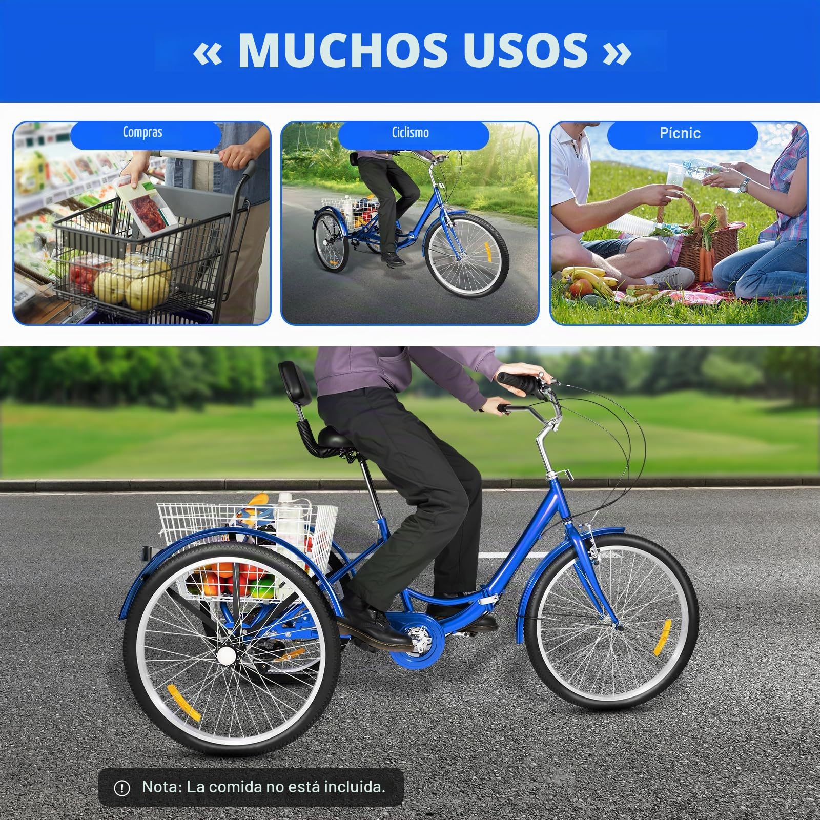 Triciclo plegable de 24 pulgadas para adultos, bicicleta para personas mayores, triciclo plegable con cesta de almacenamiento, 7 velocidades, ideal para ir de compras, capacidad de peso 120 kg