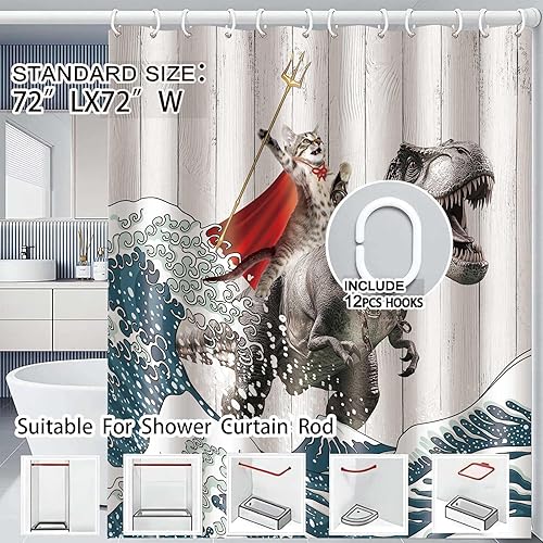 Miniatura 8 de JAWO Divertida cortina de ducha de gatos, cortina de ducha japonesa de dinosaurio con olas oceánicas náuticas para niños y niños, rústica, de