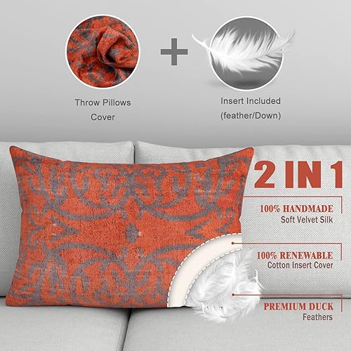 Miniatura 5 de Cojín decorativo hecho a mano con relleno de plumón, naranja rojizo y gris, funda de cojín lumbar de seda de terciopelo suave para sala de estar,