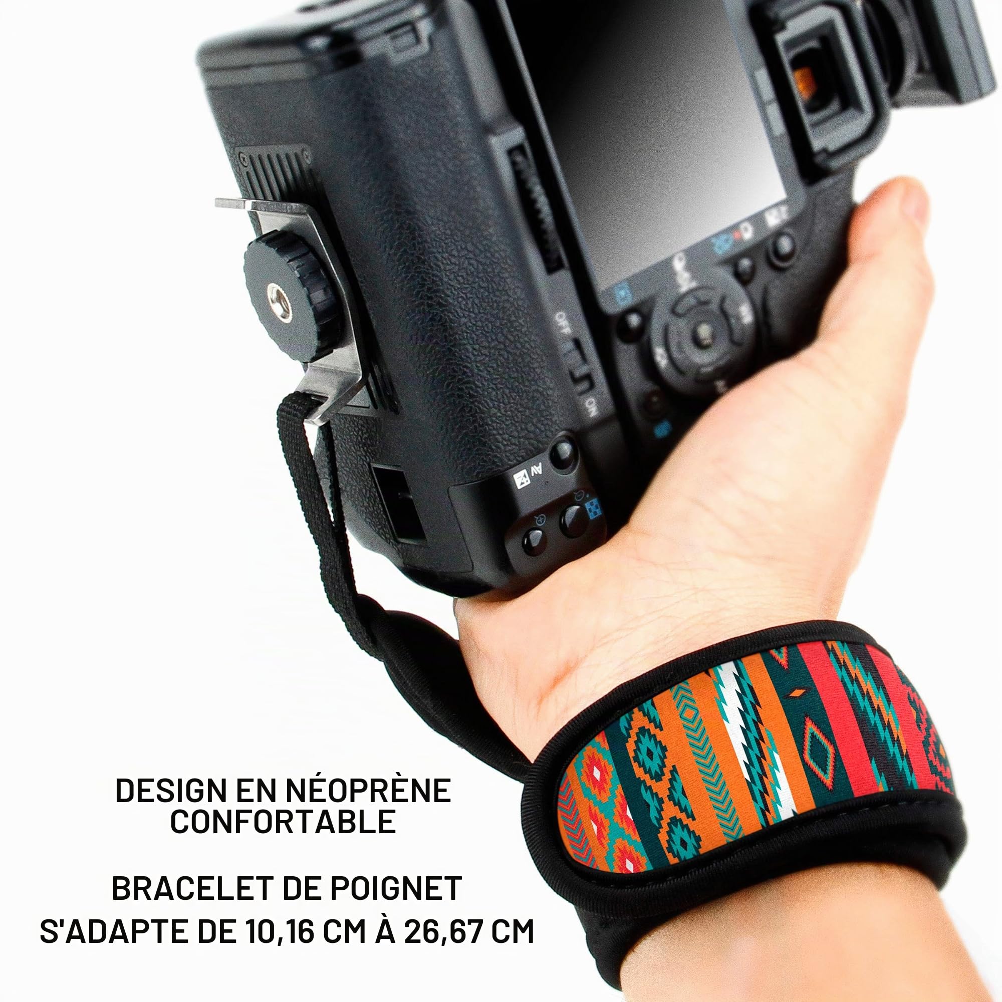 USA Gear Dragonne Grip Poignet Rapide Appareil Photo Reflex et Bridge - Sangle Appareil Photo avec Bracelet en Néoprène Ajustable - Compatible avec Nikon, Canon, Pentax, Panasonic Lumix et Plus-Bohème