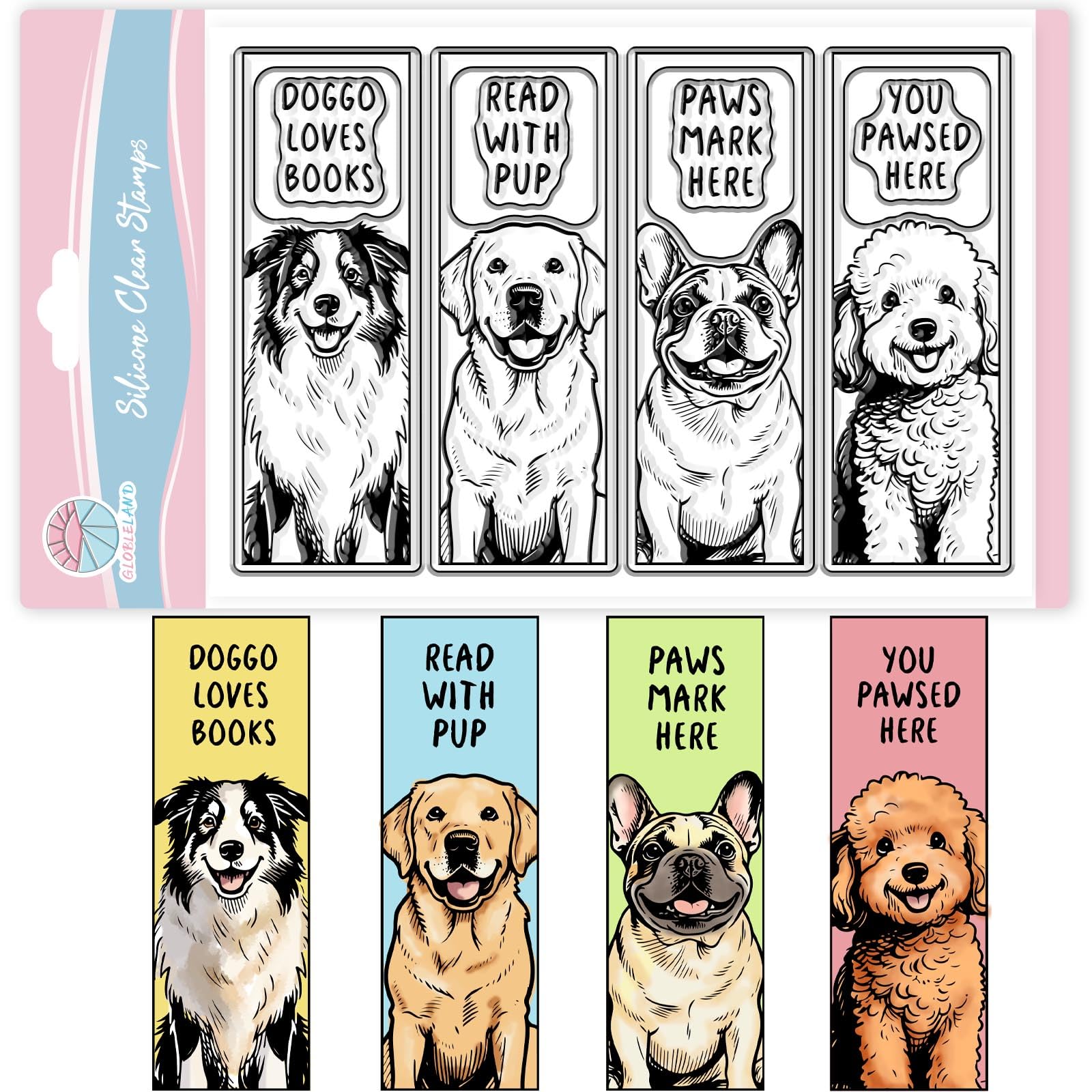 GLOBLELAND Dogs Bookmark Clear Stamps for Card Making Labrador Shepherd Poodle Bulldog Lable Silicone Clear Stamps Words Transparent Stamp Seal for DIY Scrapbooking