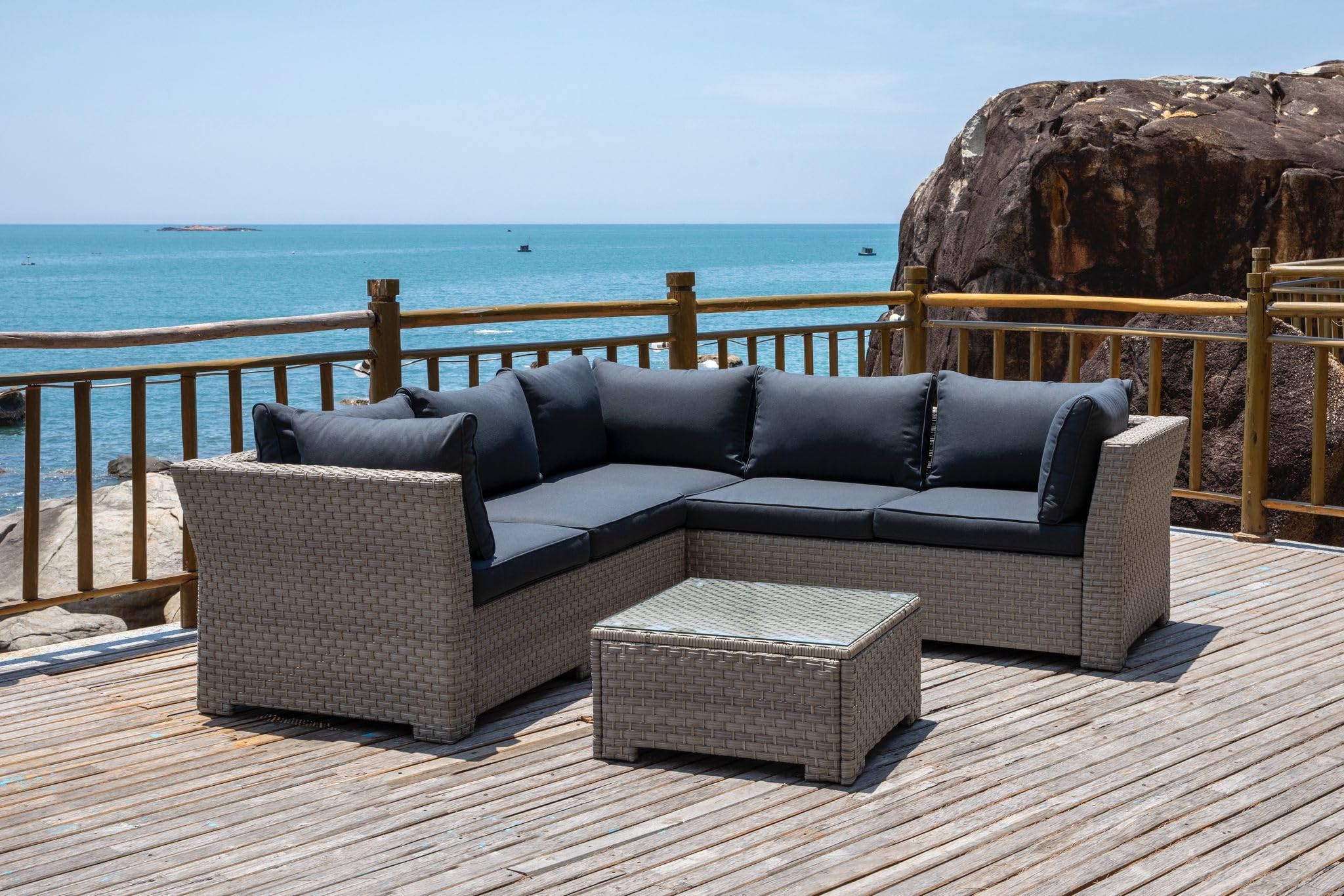 Chesterton Luxury Juego de 5 plazas de ratán para jardín con cojines, color negro, 230 x 146 x 67 cm