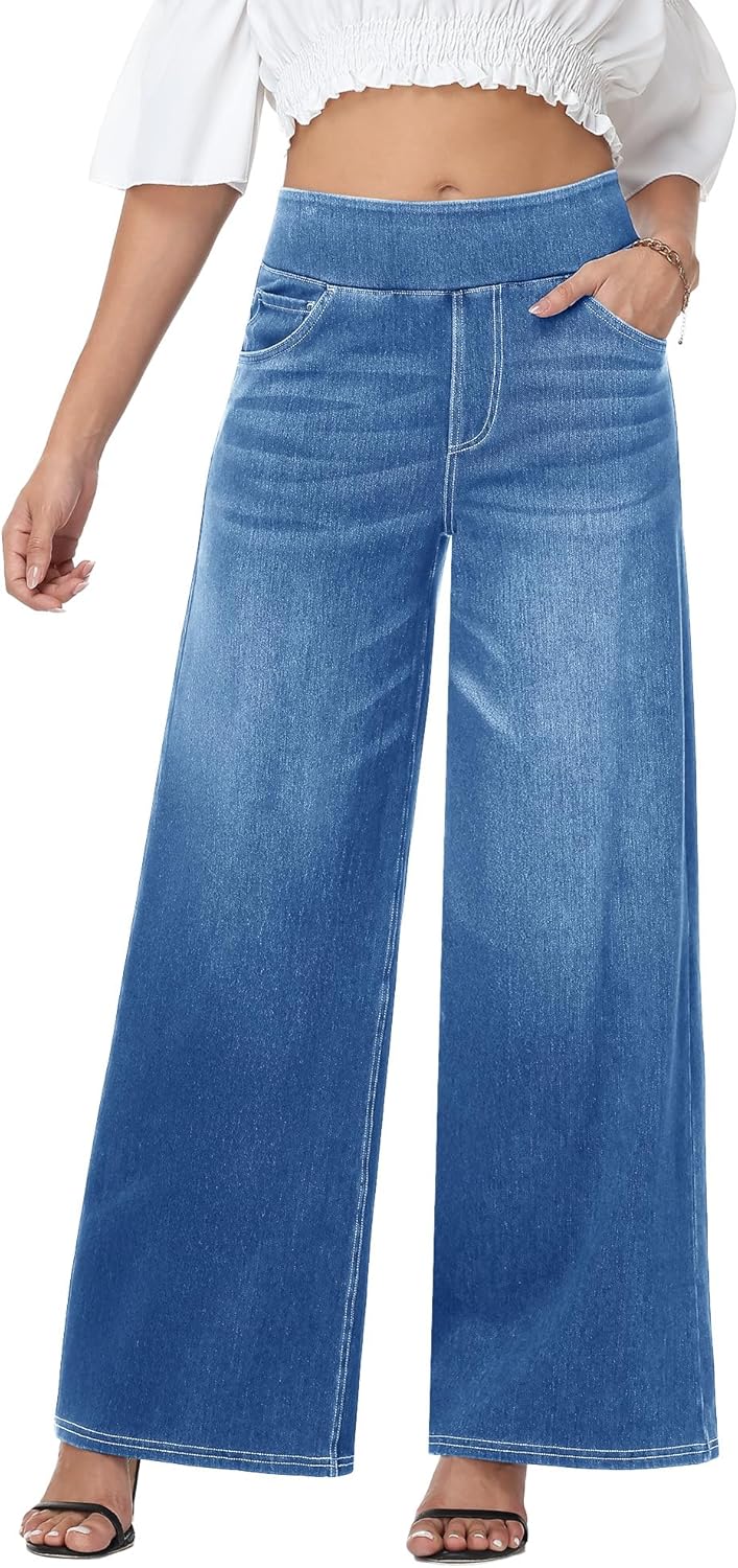 Woman Wide Leg Jeans High Waisted Pull On Denim Pants Stretchy Casual Baggy Jeans Trendy Straight Leg Loose Trousers