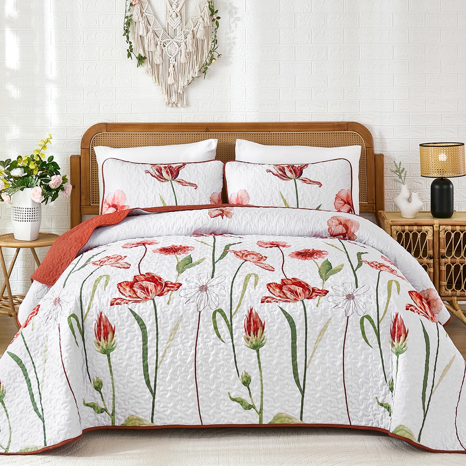 WONGS BEDDING Red Quilt Set King Size, Cute Red Floral Botanical Bedspread Bedding Set with 2 Pillowcase, Lightweight Farmhouse Coverlet Set for All Season (110"x90")