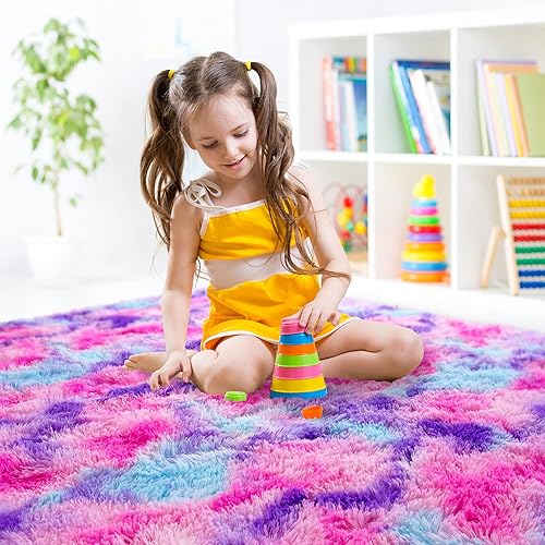 Miniatura 2 de JUNOVO - Alfombra lavable y antideslizante, alfombra suave de arcoíris para habitación de niñas, tapete de juego para niños, alfombra para