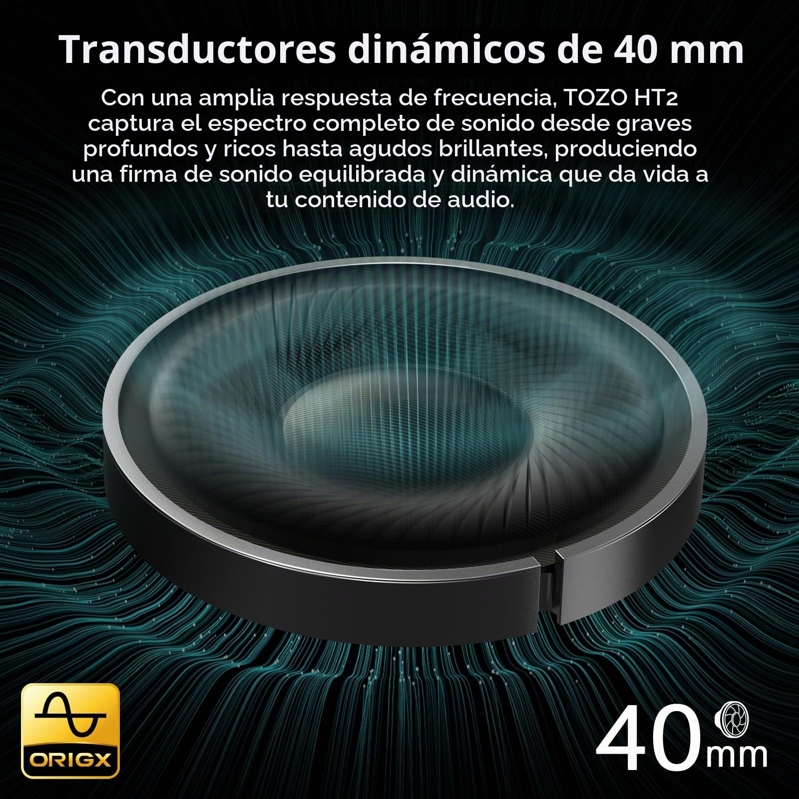 TOZO HT2 Cascos Inalámbricos Bluetooth ANC Híbrida y 60H Reproducción | ORIGX Sonido premium, 32 EQs con TOZO App, llamadas ENC nítidas, diadema ajustable, plegable portátil, conexión 3.5mm y USB-C