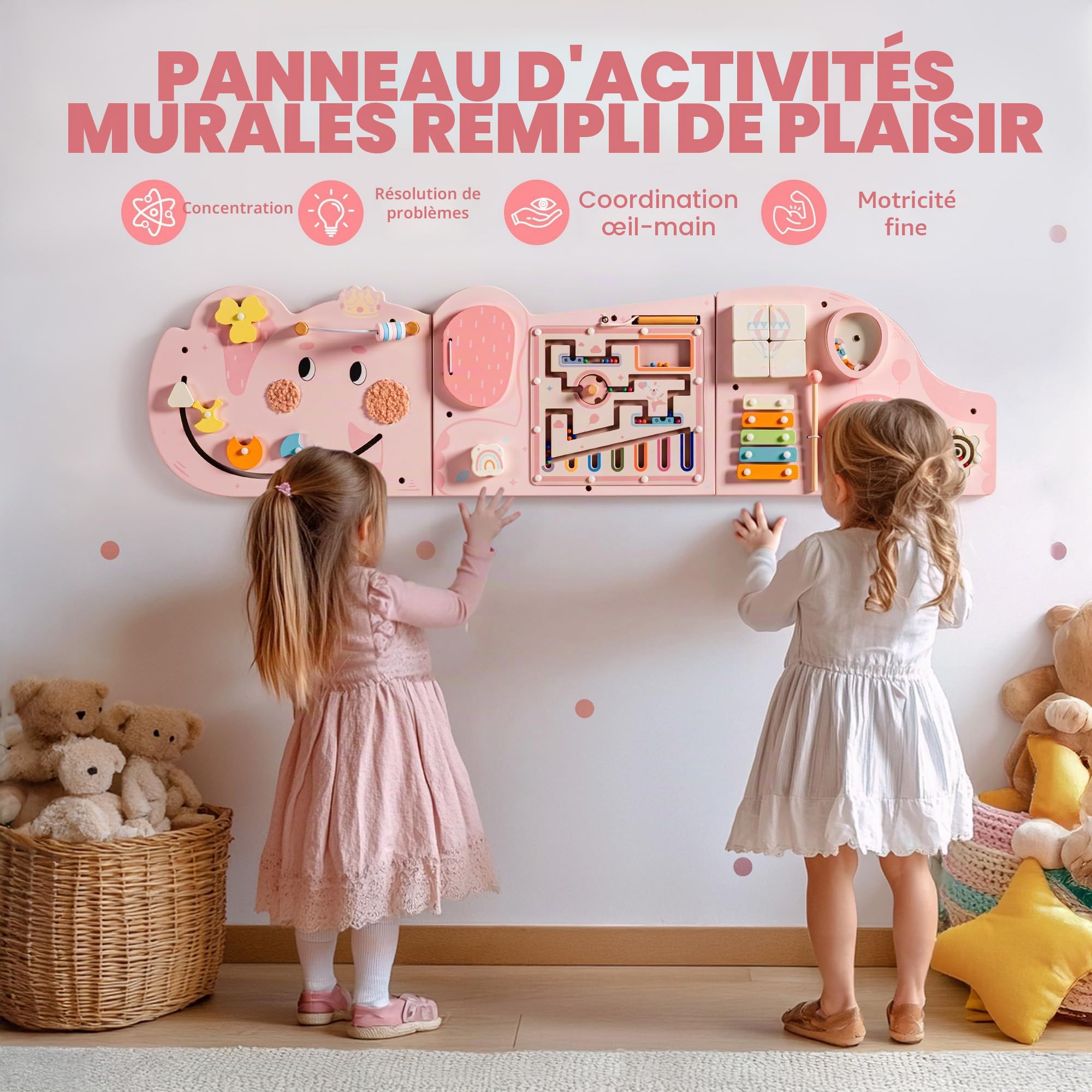 ROBUD Montessori Planche de motricité en Bois - 11 en 1 - Jouet Mural pour Enfants à partir de 18 Mois - Jouet Montessori pour bébé avec Xylophone, Tambour, Miroir et pièces pivotantes - Rose