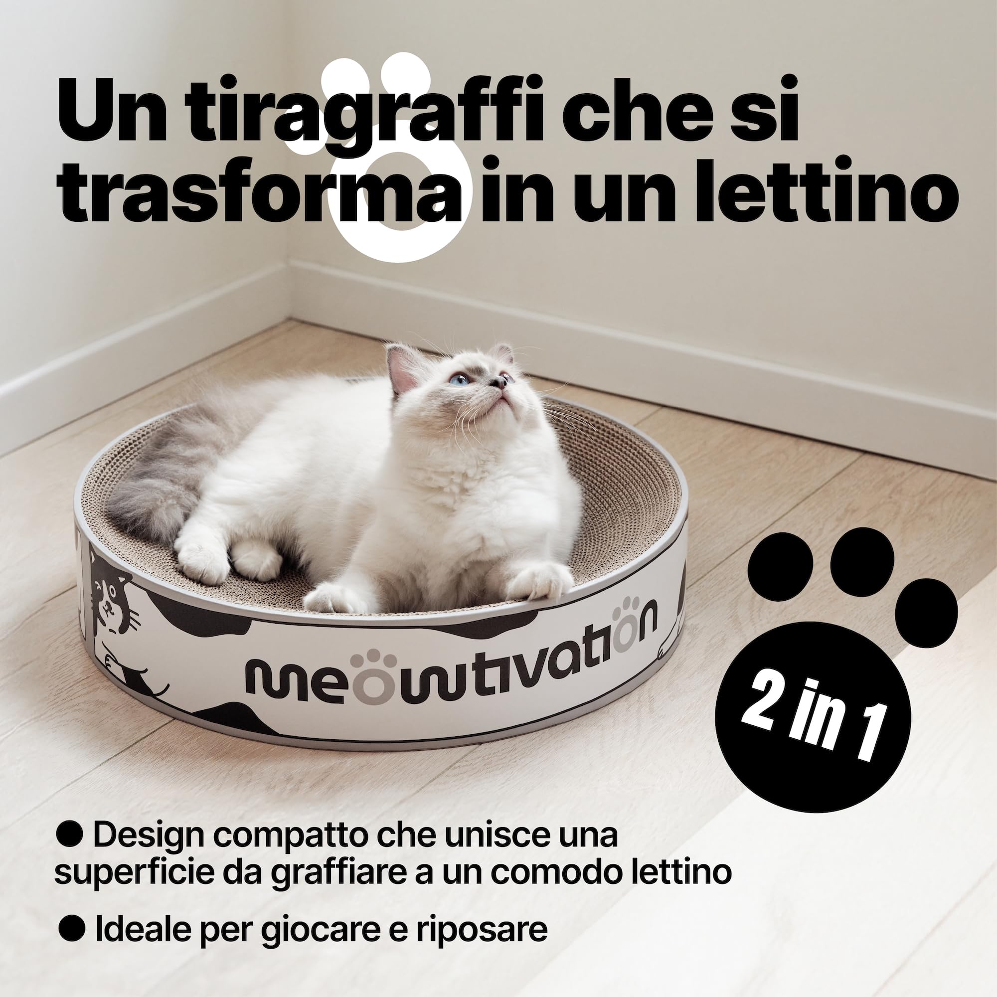 Lettino tiragraffi per gatti, tiragraffi in cartone, rotondo XL 46 cm | Tiragraffi premium in cartone riciclato 2-in-1, ampia superficie di riposo per gatti di tutte le taglie, con erba gatta