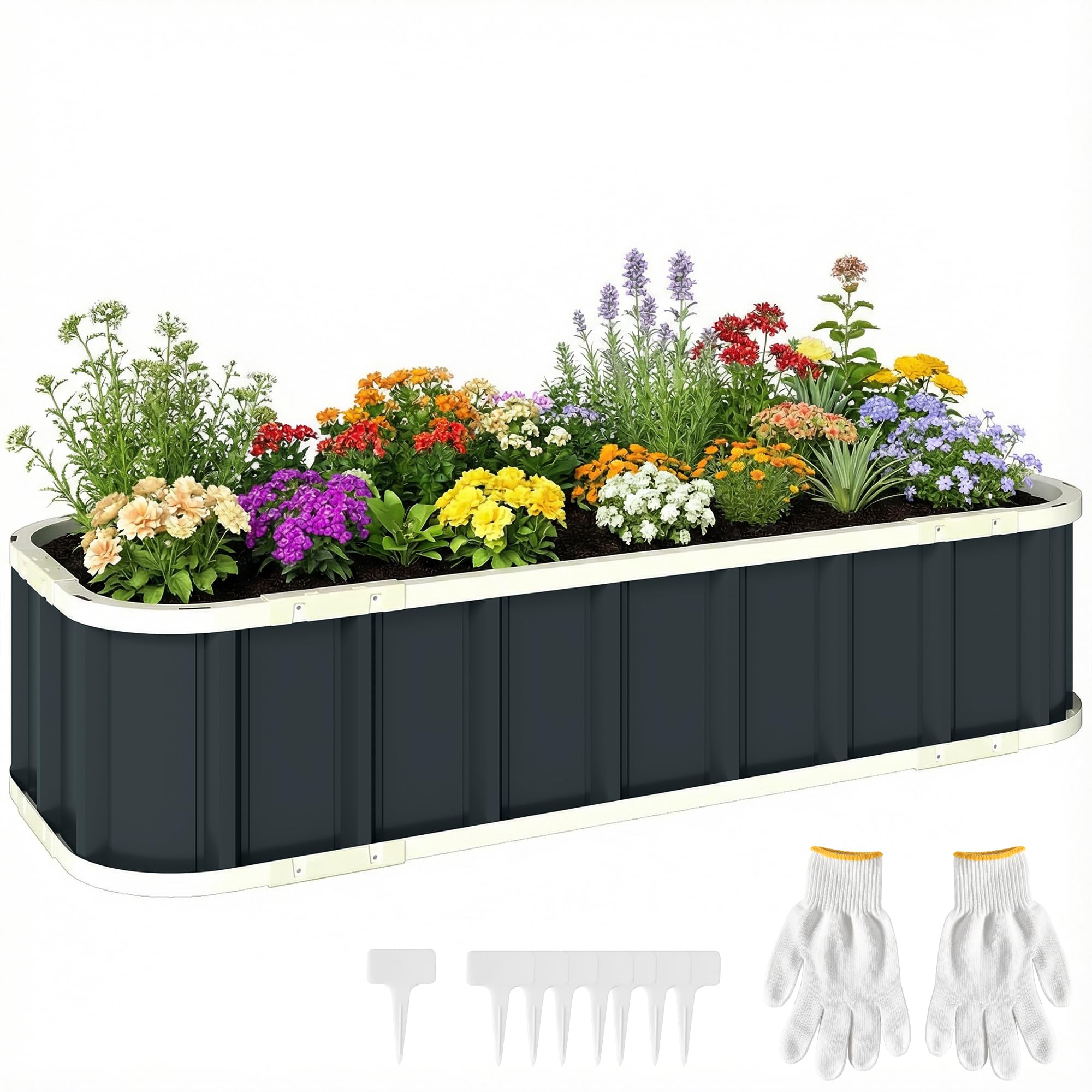 Outsunny Dark/Grey Galvanised Raised Garden Bed With Gloves, - 136 X 52 X 31 Cm - Raised Garden Bed