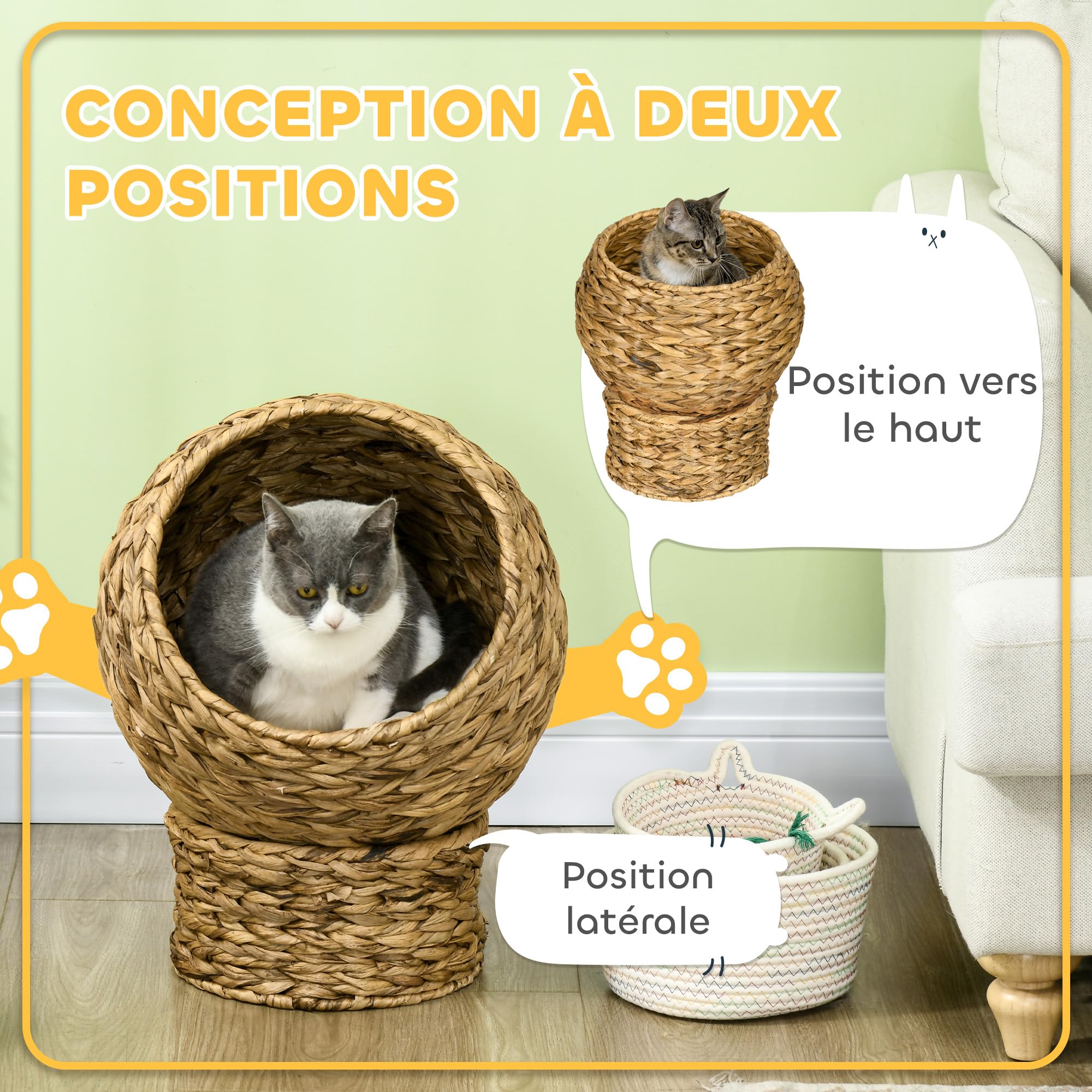PawHut Panier Chat lit surélevé Chat Cosy Niche Grotte à Chat Grand Confort dim. 42L x 33l x 52H cm Coussin Moelleux Beige Inclus