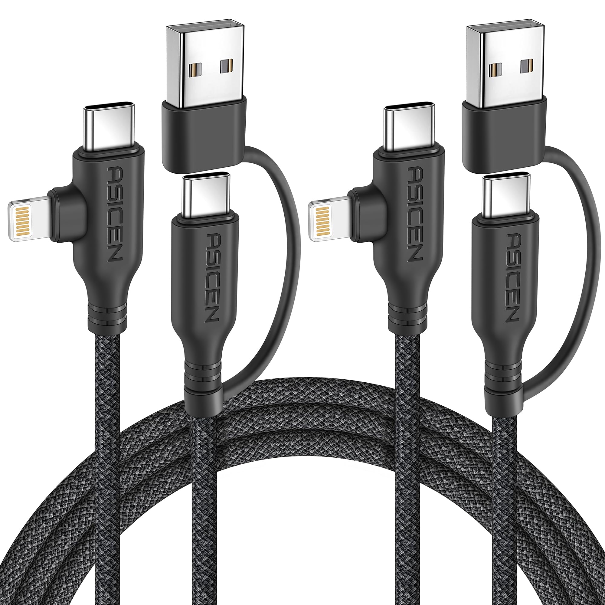 Photo 1 of ASICEN 100W PD 2 in 2 Multi Charging Cable,6ft Braided USB C to 90°Lightning Cable 5A Fast Charging with USB A/C to C/L for iPhone Series/MacBook/iPad/Galaxy/Switch 2,Multi Chargers for All Devices