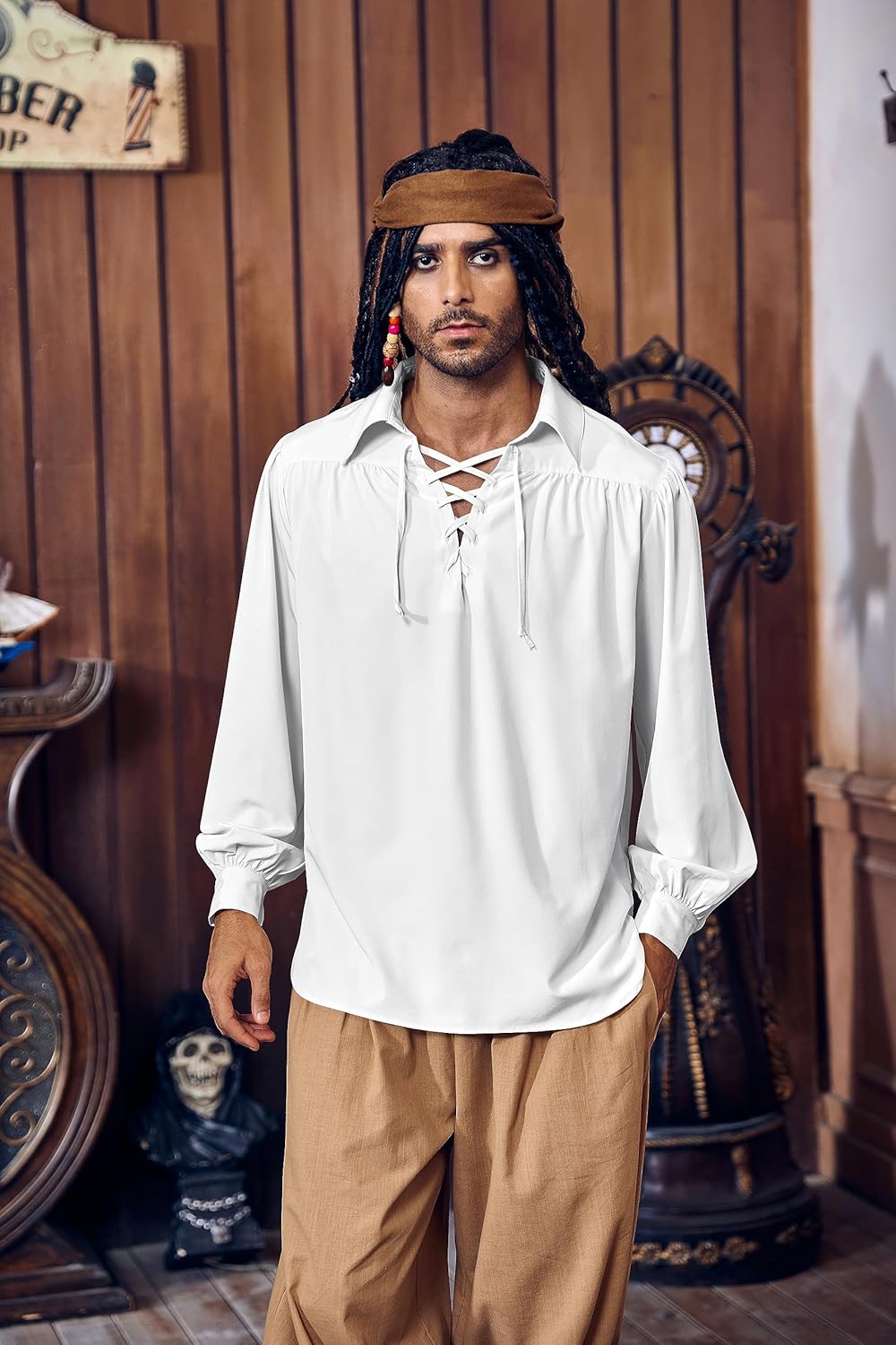 Bbalizko Mens Medieval Pirate Shirt Viking Renaissance Steampunk Lace Up Halloween Colonial Scottish Costume Tops - Image 2