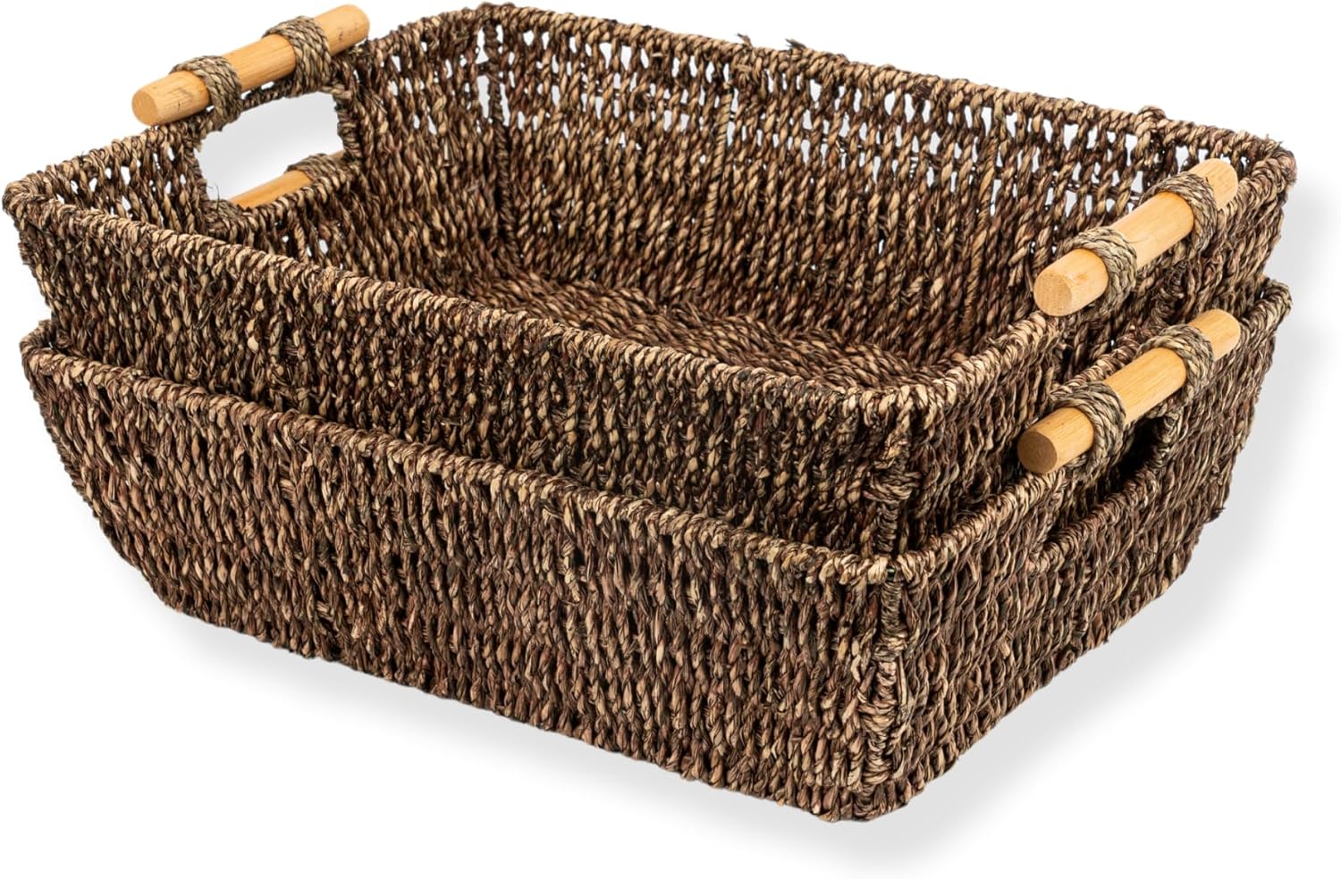Wicker Storage Baskets for Shelves with Wooden Handles, Ella Seagrass Wicker Baskets for Shelves & Storage, Handwoven Seagrass & Water Hyacinth Baskets, Set of 2, Large, Brown Large Brown