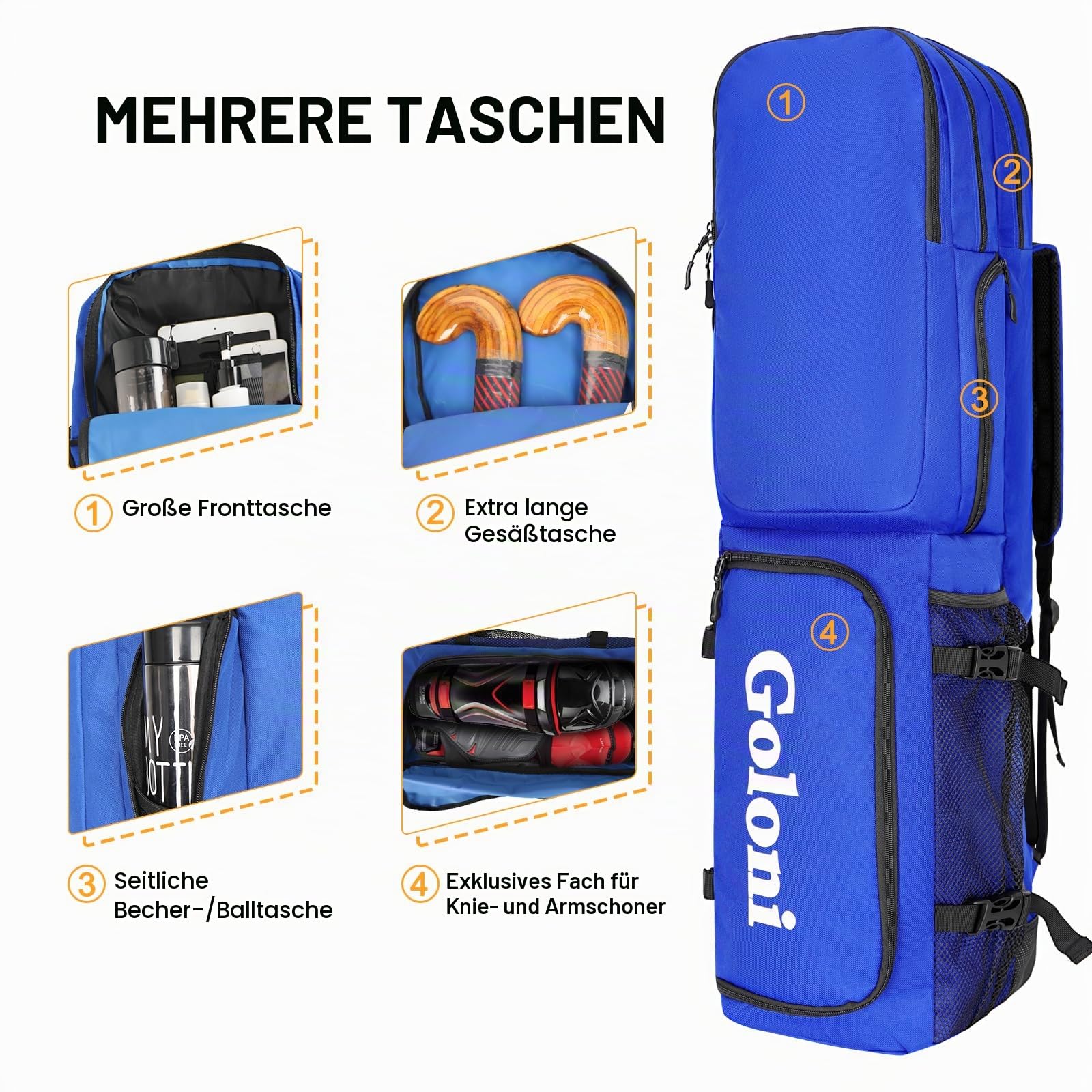 Goloni Feldhockey-Tasche mit 4 Schlägern und Schultergurten, Feldhockeyschläger-Rucksack mit Schuhfach
