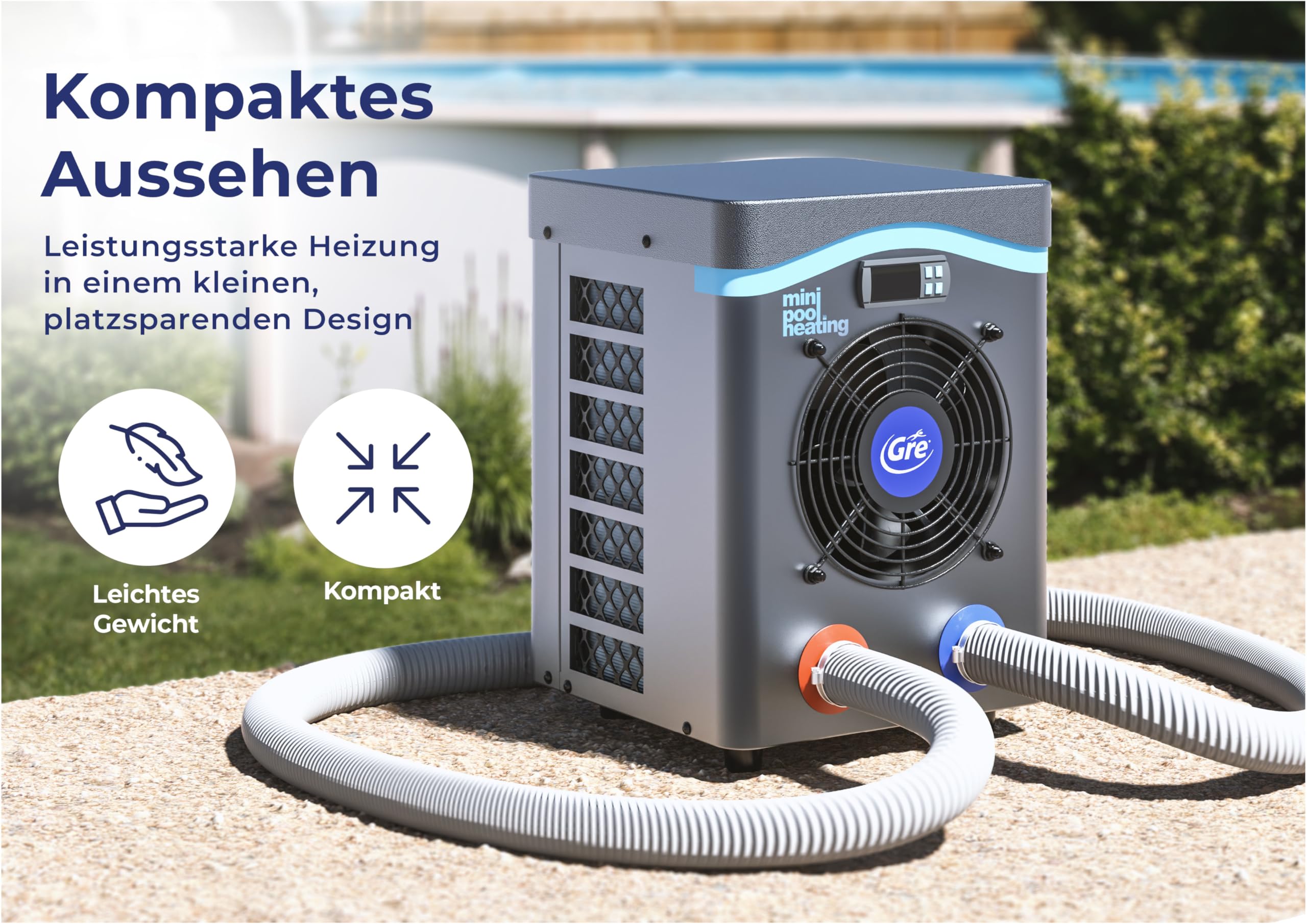 Gre HPM40 - Mini-Wärmepumpe für Aufstellpools bis zu 40 m³, Heizsystem für Aufstellpools, Farbe Grau