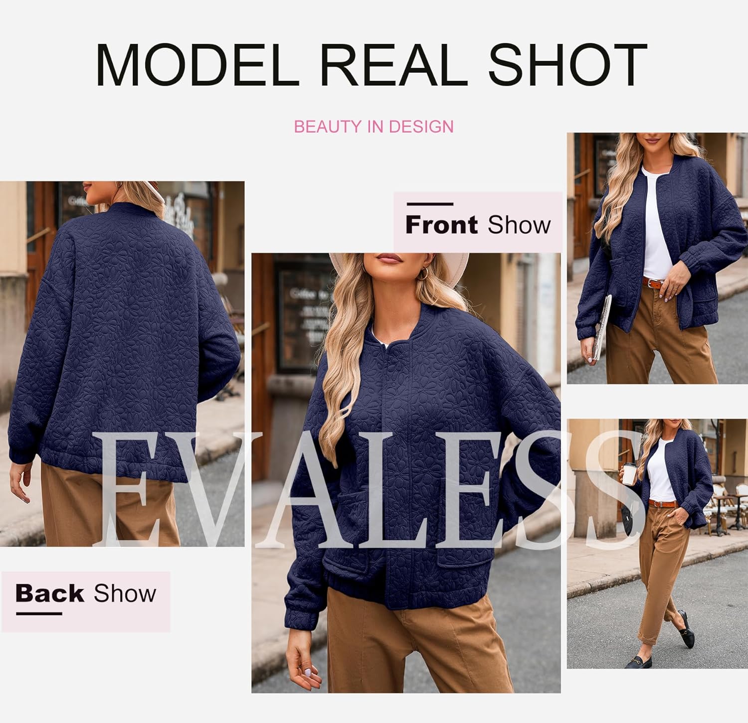 EVALESS Jackets for Women Fashion 2026 Spring Outfits Business Casual Womens Clothes Cute Jacquard Coat Classic Bomber Jacket Lightweight Long Sleeve Stand Collar Zip Up Blue Tops with Pocket, Small - Image 6