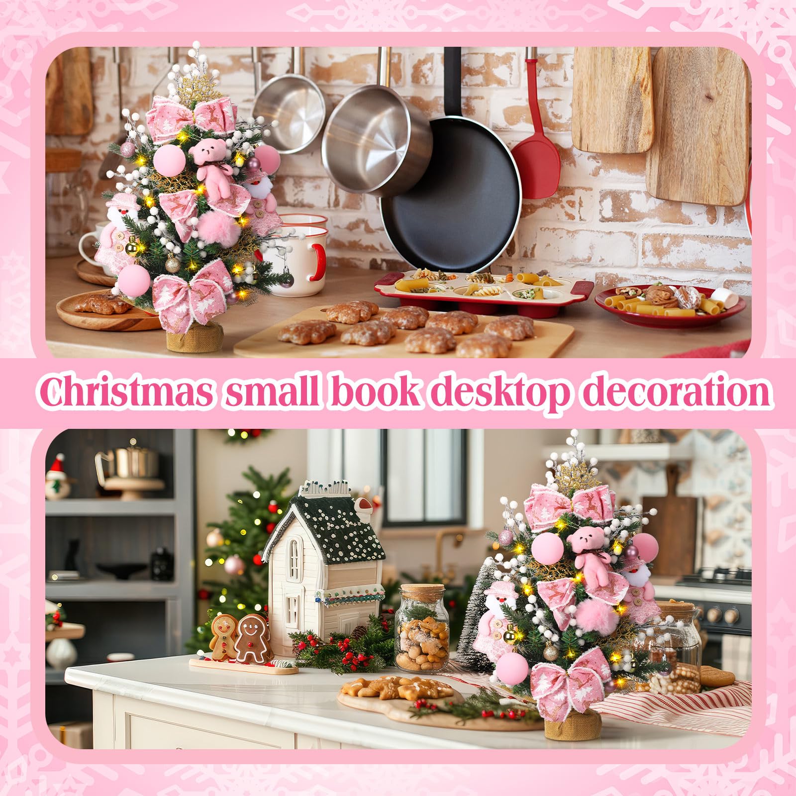 Vesici Mini sapin de Noël artificiel rose de 50 cm avec lumières DEL – Petit sapin de Noël artificiel avec ornements à suspendre – Ours Père Noël bonhomme de neige pour la maison, le bureau, la