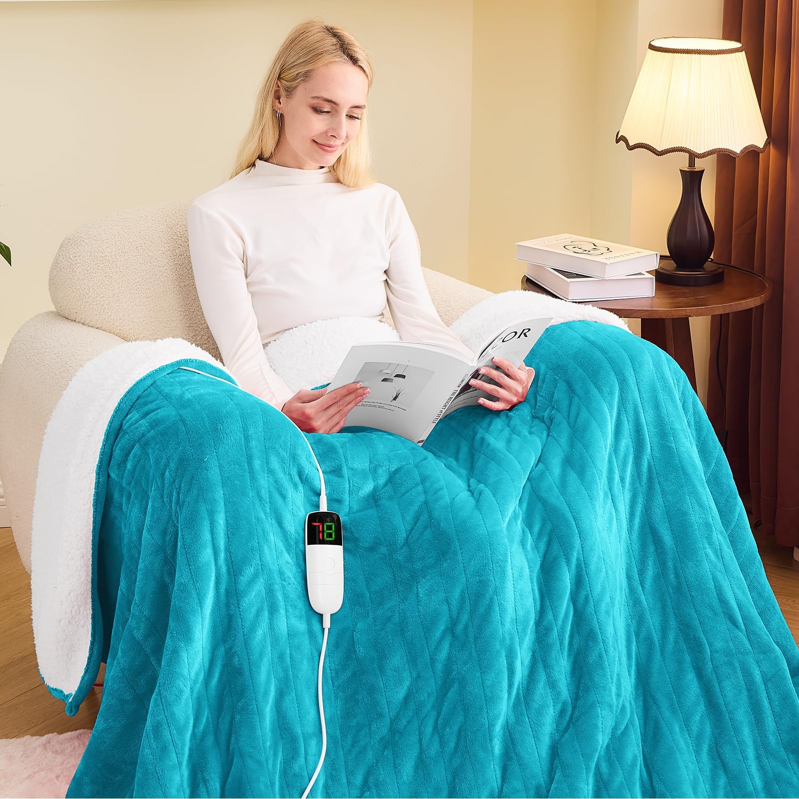 greenoak Heated Blanket Electric Full 72"X84", Heating Blanket with 10 Levels 1/2/4/6/8 Hours Auto-Off Overheat Protection, Flannel Sherpa Soft Warm Heater, ETL Certified Aqua Green
