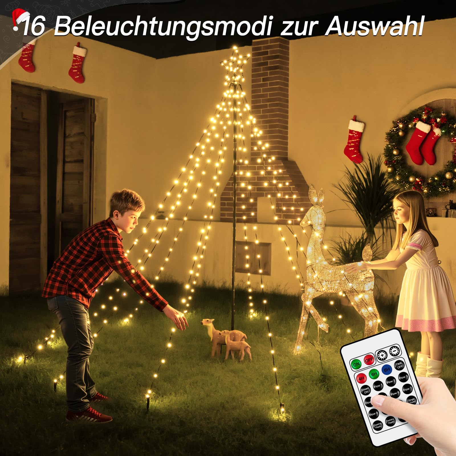 Christbaumbeleuchtung mit Ring und Sterne, 340 LEDs Lichterkette Weihnachtsbaum Warmweiß mit Fernbedienung, 8 Modi dimmbar, Timer, Weihnachtsbeleuchtung Außen für Garten, Rasen und Außenbereich