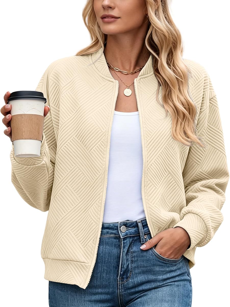 WROLEM Chaqueta bomber casual para mujer con cremallera de manga larga con textura chaqueta holgada cómoda otoño primavera Outwear abrigo