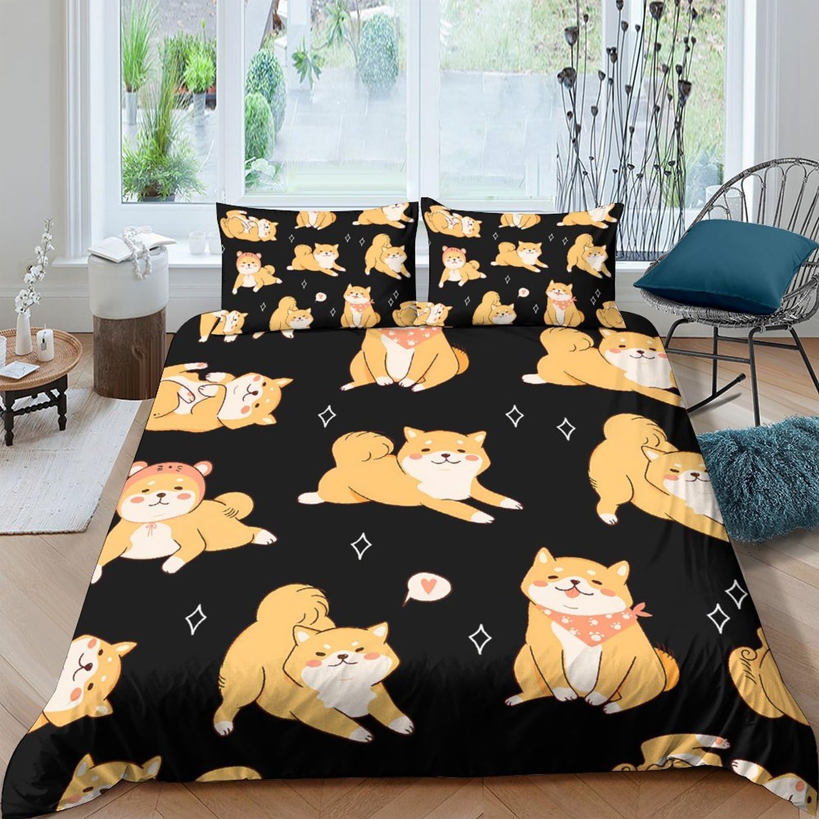 Ctjqhvkz Style-8 3D Printed Cute Cat Fitted Sheet Microfiber Soft Black Cartoon Shiba Inu Bed Cover For Bedroom Dorm Decor Single（135X200cm）