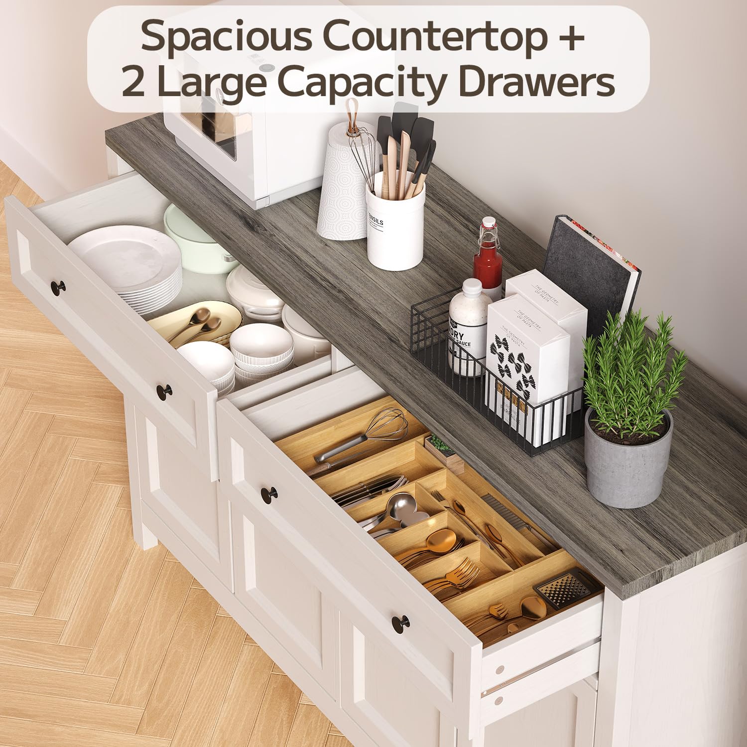 Sideboard, Küchenschrank mit Arbeitsplatten, Küchenbuffet Aufbewahrungsschrank mit 2 Schubladen und 4 Türen, für Wohnzimmer, Küche, Esszimmer, 40 x 140 x 90 cm, Grau