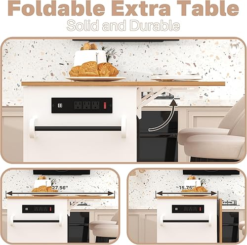 Miniatura 3 de Isla de cocina sobre ruedas, carrito de isla de cocina rodante con encimera de hojas caídas, carrito de islas modernas con tomas de corriente,