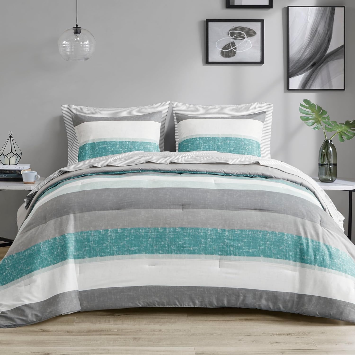 Madison Park Essentials Full Comforter Set, Bed in A Bag Comforter & Sheet Set, Modern Casual Stripes Print, All Seasons, Soft Microfiber Bedding Makeover, Matching Shams, Full Aqua/Grey 7 Piece