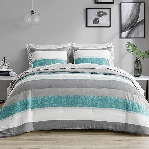 Miniatura 8 de Madison Park Essentials Juego de edredón tamaño King, juego de sábanas y edredón cama en una bolsa, estampado moderno de rayas casuales, para todas