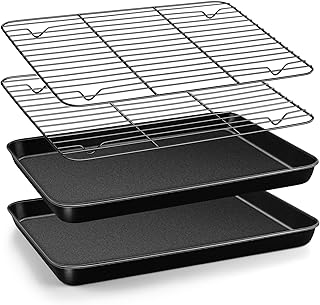 TeamFar Toaster Oven Pan with Rack, 12.5 x 9.7 x 1” Coated Carbon Steel Cookie Baking Pan Tray with Cooling Rack, for Baking/Roasting/Cooling, Healthy & Heavy-Duty, Non-Stick & Easy Clean
