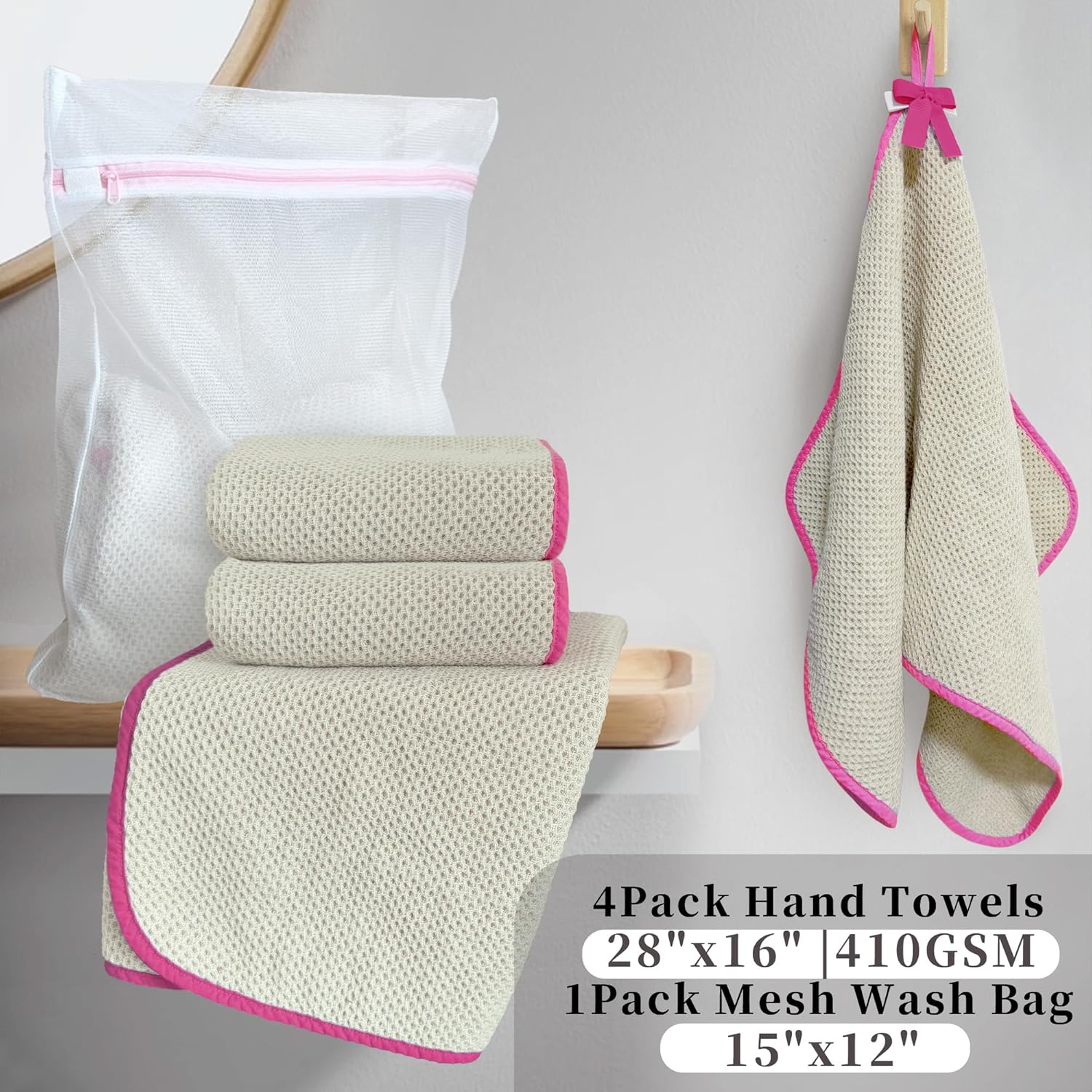 VOOVA & MOVAS Luxury Waffle Hand Towels 4-Pack 28"x16" - Quick-Dry, Low Lint, Beige Cotton Towels with Pink Piping & Loops | Ultra Soft Bathroom Essentials - Image 3
