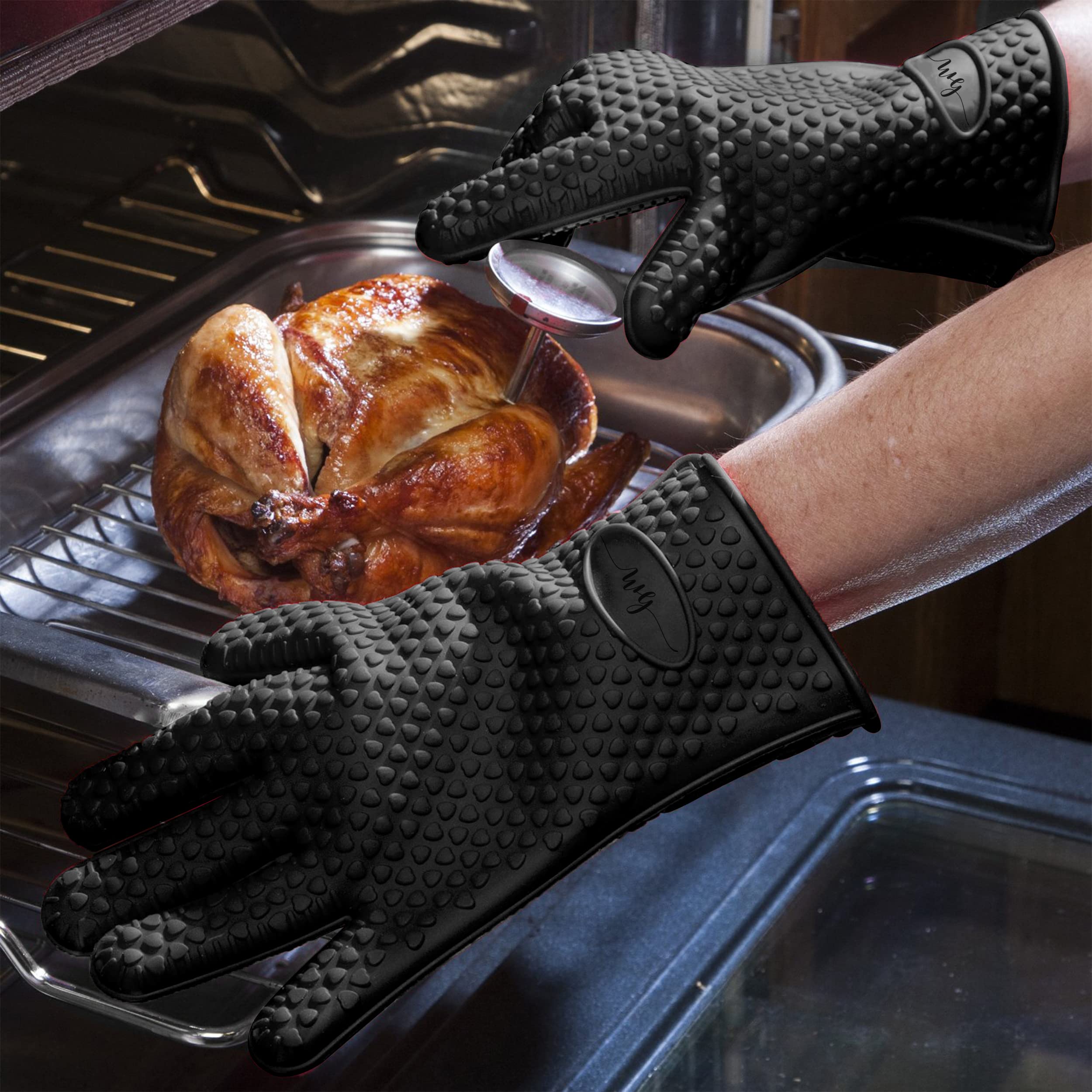 1 Paire Gants De Cuisine Silicone Et Coton Avec 2 Plaids - 27 X 17cm - Anti-Chaleur, Antidérapants Pour Four, Barbecue Et Cuisson