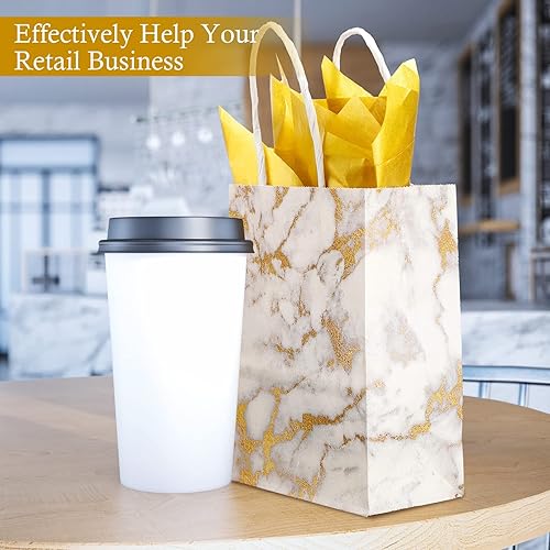 Miniatura 6 de Paquete de 50 bolsas de papel blanco mármol a granel, bolsas de regalo A4 de doble cara con purpurina dorada de papel de seda pequeñas bolsas de