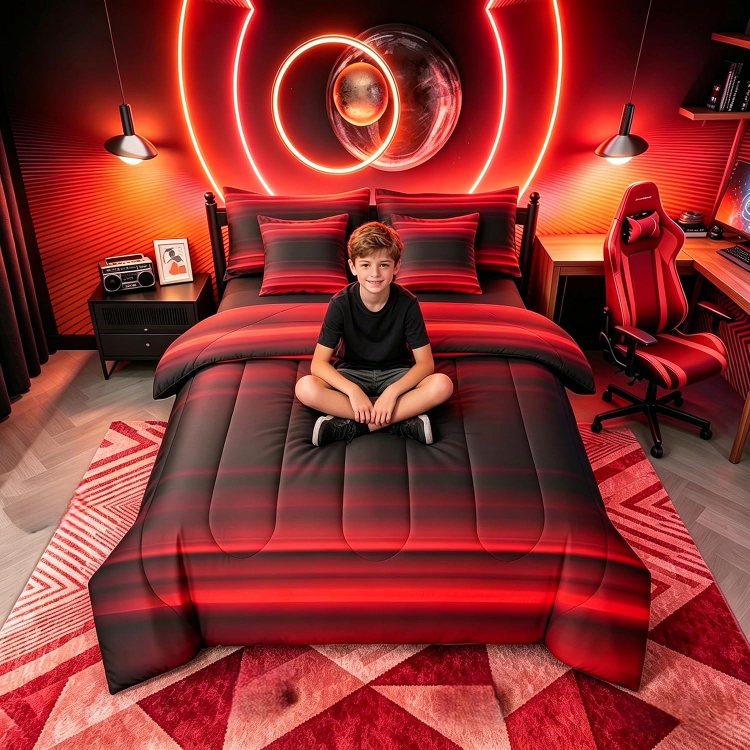 Erosebridal Red Black Comforter Set Ombre Bed in A Bag Queen Size 7 Pieces Abstract Teens Art Gradient Bed Set Kids Girls Boys Bedding