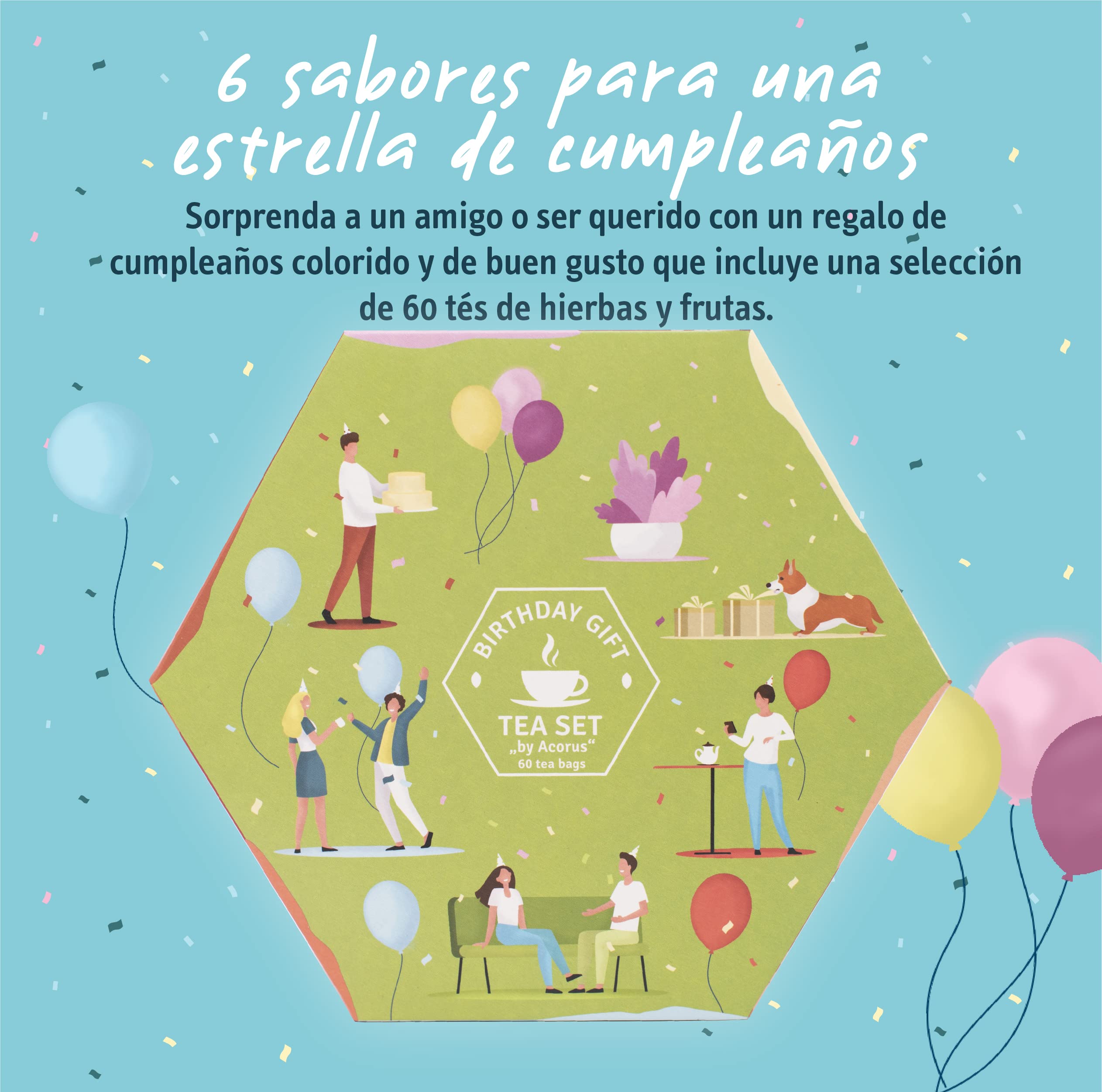 ACORUS Surtido de té de regalo de cumpleaños 6 sabores 60 bolsitas de hierbas y frutas