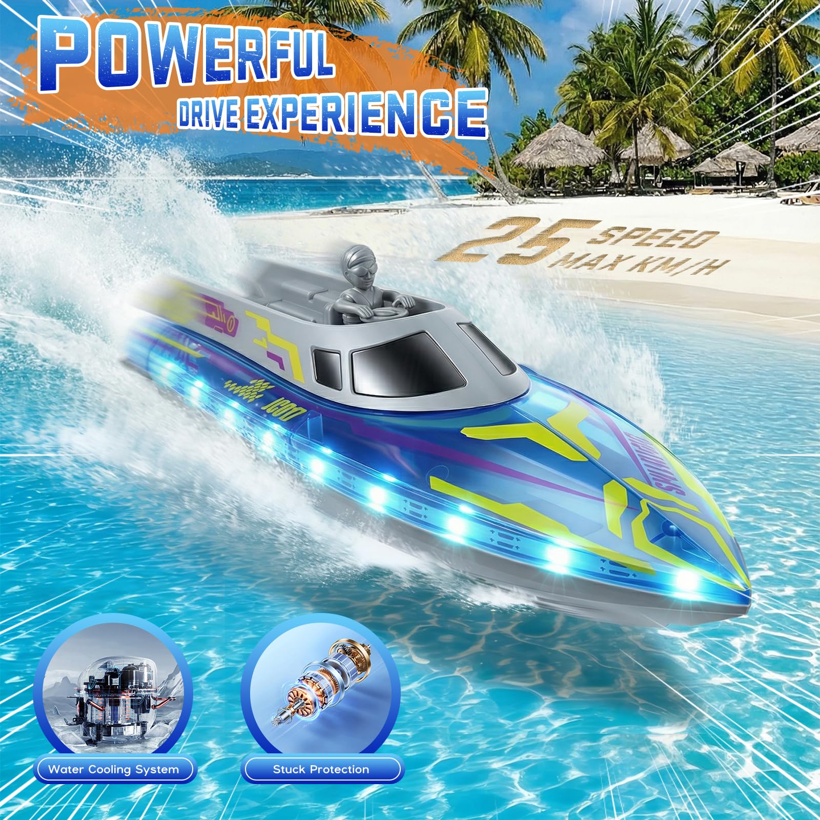 Bateau Télécommandé, 25+ KM/H, 40+ Mins, RC Racing Bateau Telecommandé Enfant avec Lumières LED, 2 Batteries, Mini Bateau RC Haute Vitesse 2,4 GHz Jouet Aquatique pour Lac/Piscine/étang