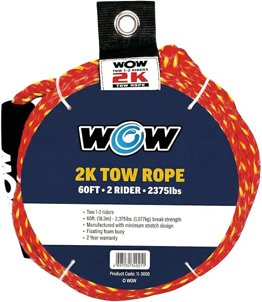 Wow Sports 2K Tow Rope for Towable Tubes - 60 ft - 16-Strand Braided Polypropylene - Floating Foam Buoy - 1-2 Riders