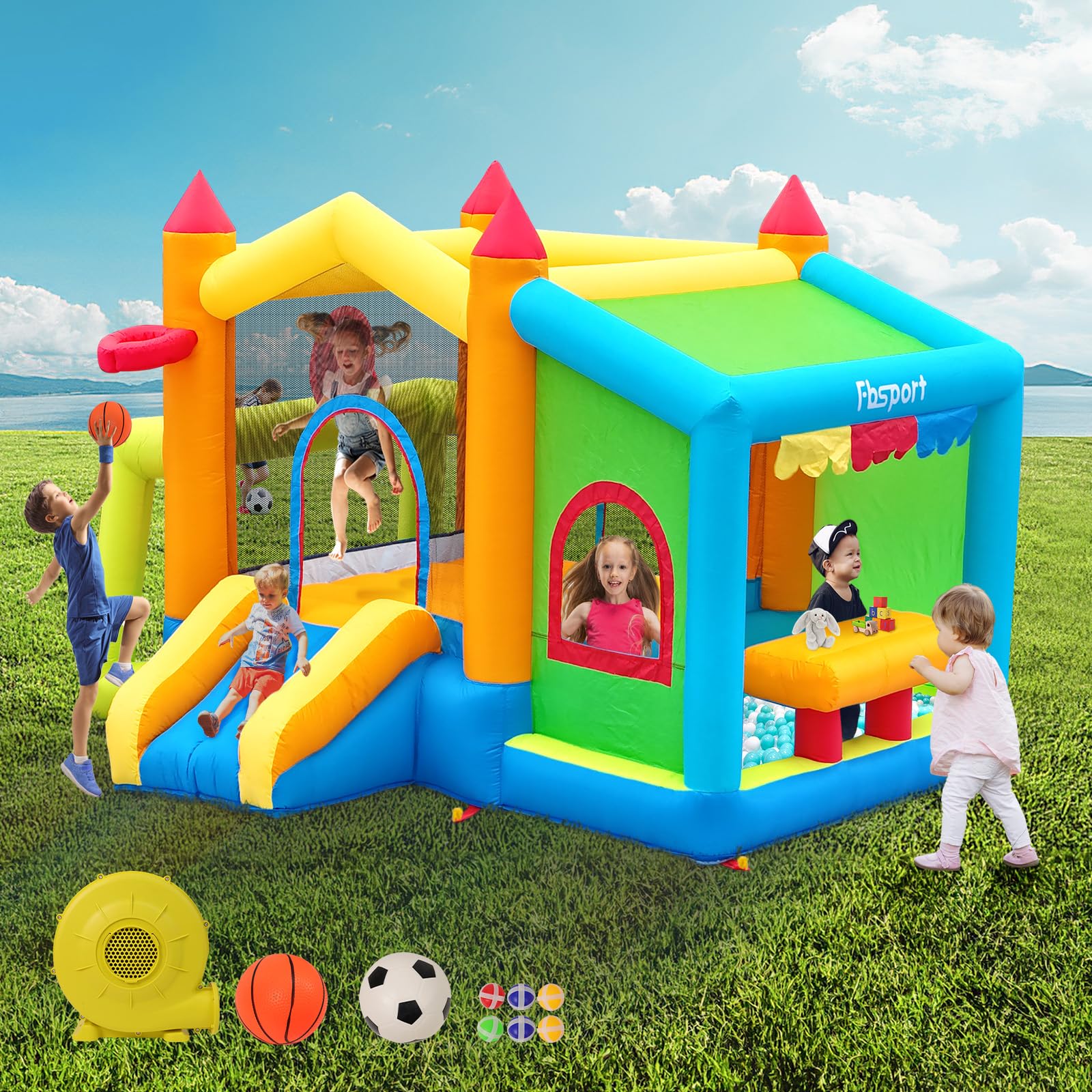 FBSPORT château Gonflable Exterieur Enfant avec souffleur Aire de Jeux Gonflable château Gonflable Piscine Meilleur Cadeau de Vacances/d'anniversaire pour Les Enfants