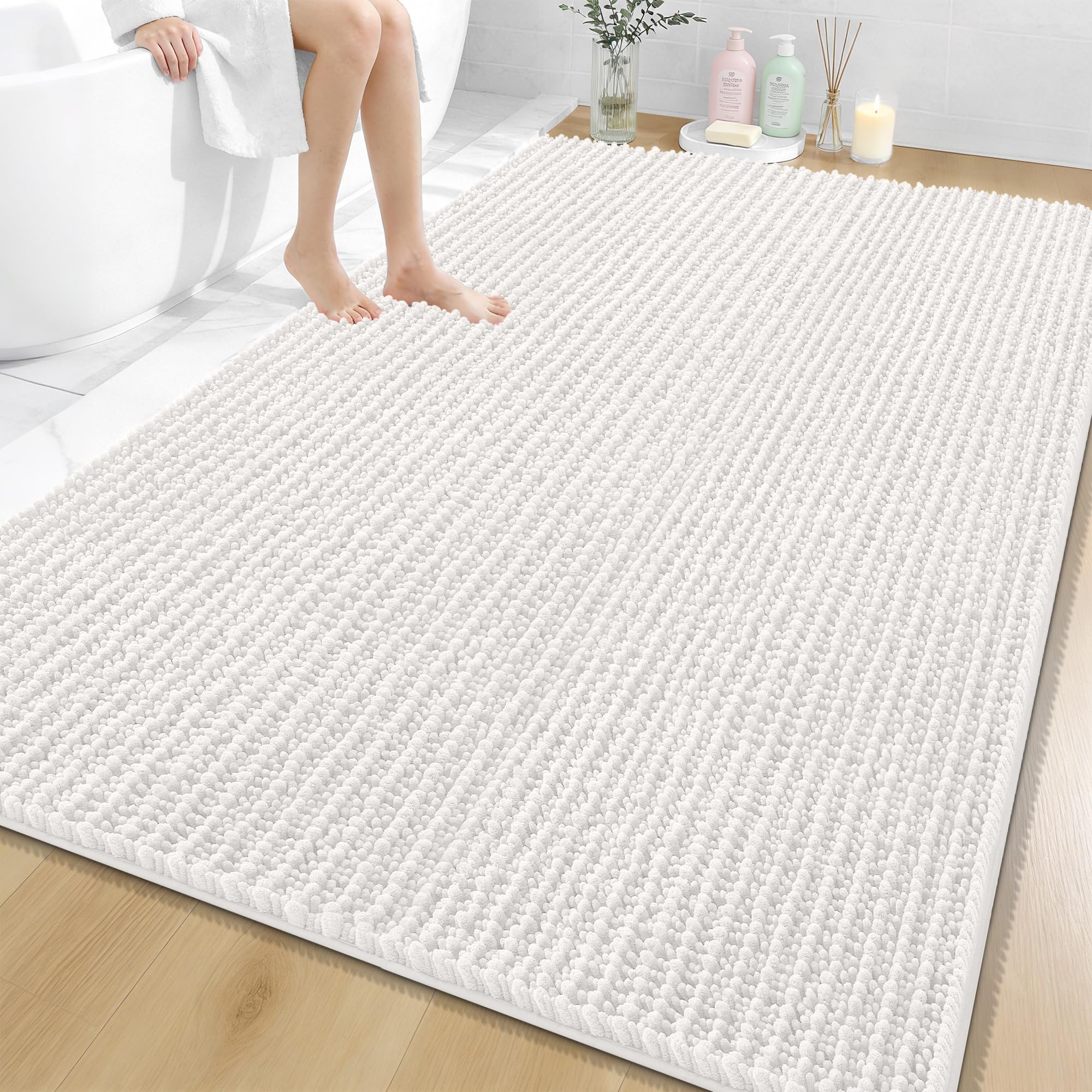 Photo 1 of OLANLY Bathroom Rug Mat 70x46, Thick Soft and Absorbent Chenille Bath Mat, Non-Slip Rubber Backing, Machine Washable Quick Dry Bath Rugs for Tub Shower Floor, Home Decor Accessories, Ivory