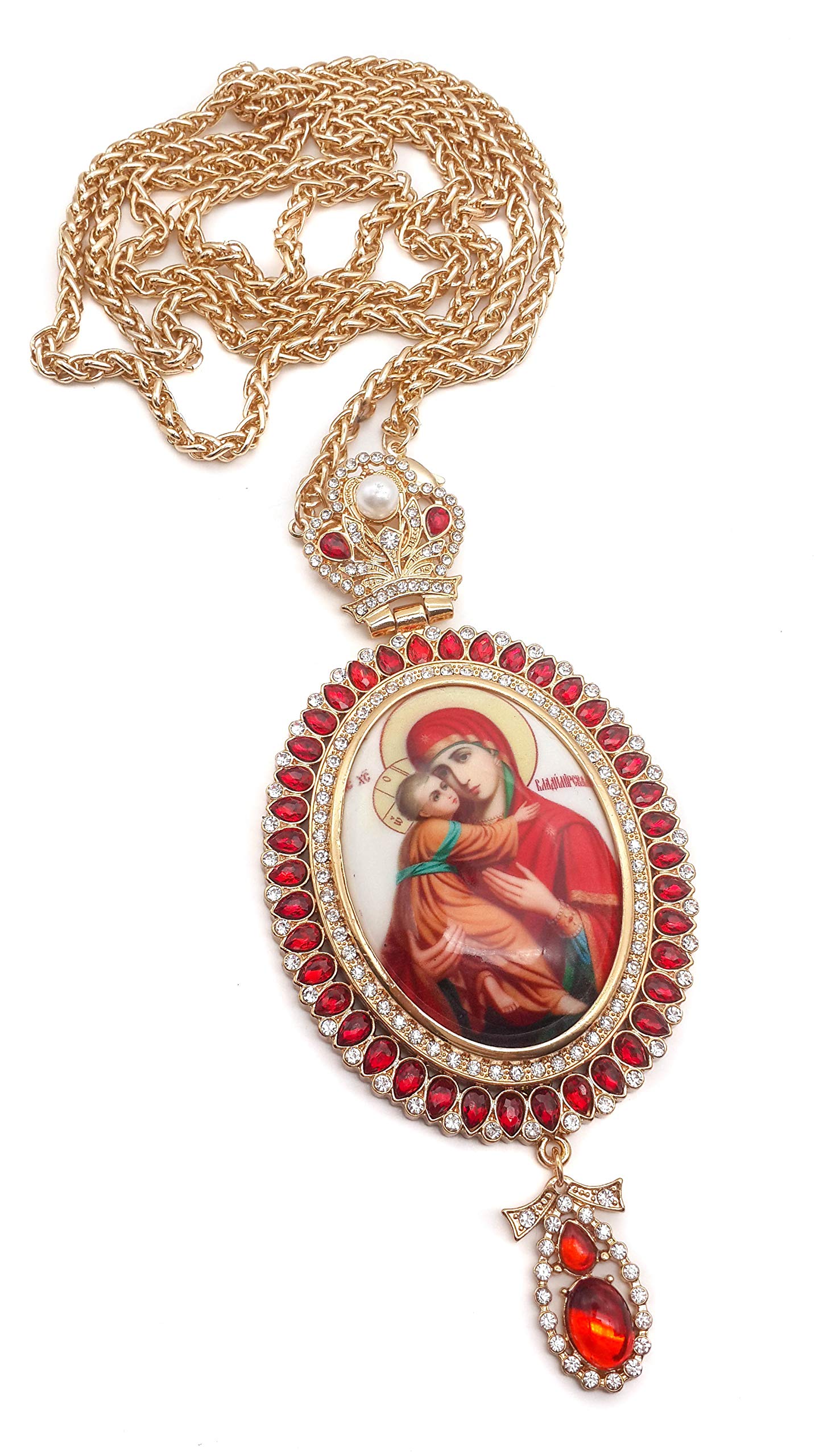 Nazareth Store Holy Mary & Baby Jesus Pectoral Cross With Red Crystalized Elements Gold Plated Pendant Christian Priest Bishop Iconic Relic With Long Chain in Gift Box