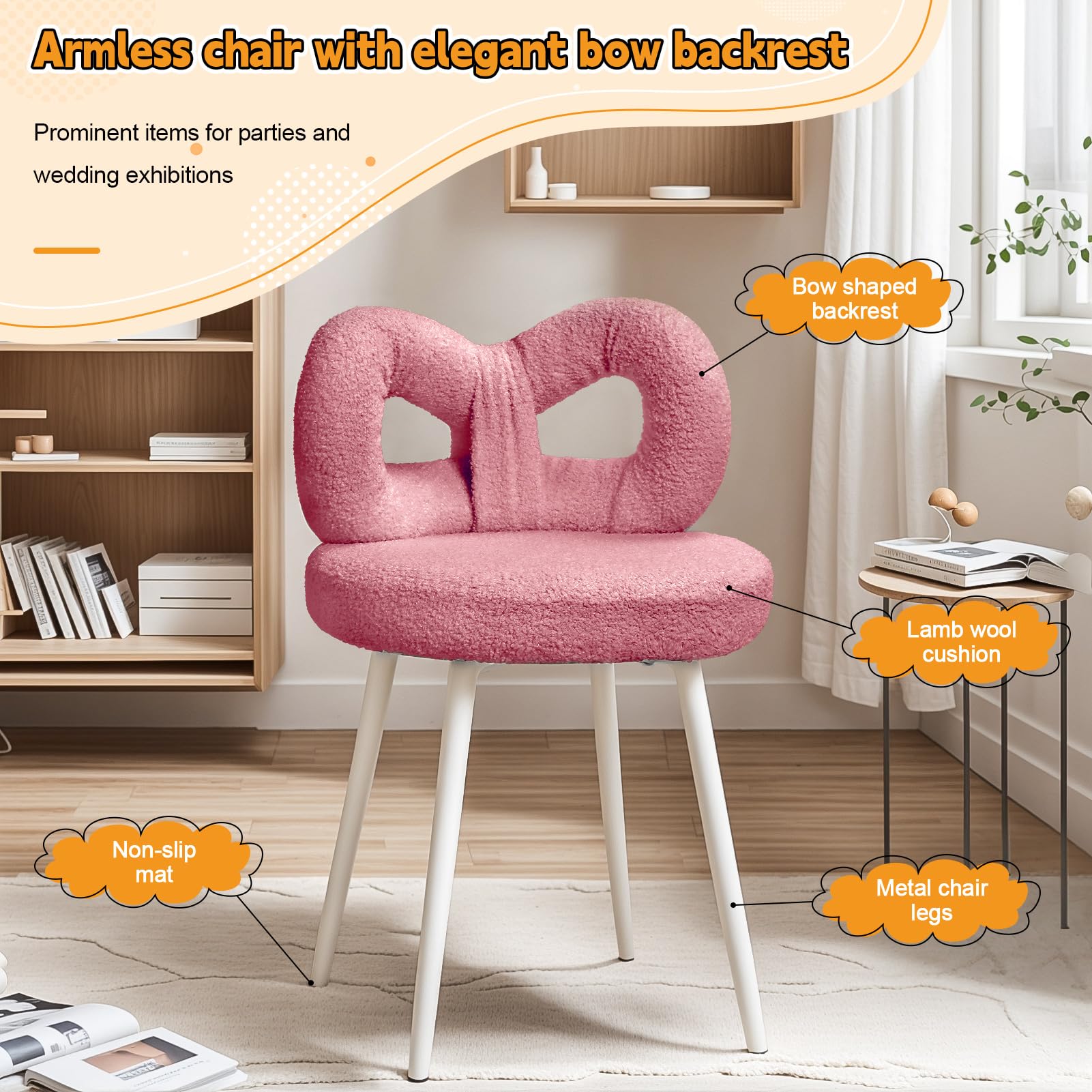 Tabouret de coiffeuse avec dossier en nœud - Chaise de bureau avec dossier pour femmes et filles - Chaise de maquillage - Pieds réglables - Siège de coiffeuse sans accoudoirs