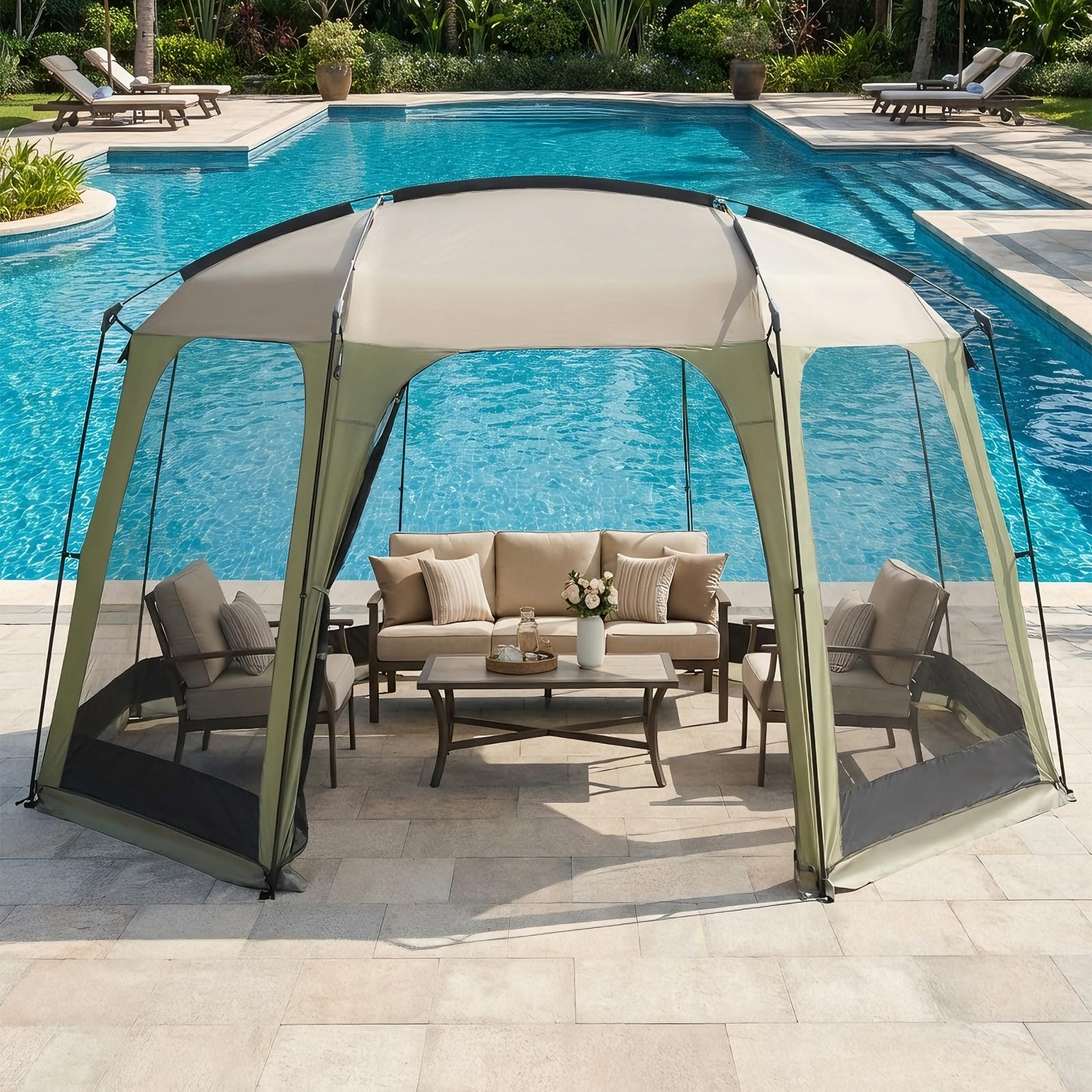 RELAX4LIFE Tente Moustiquaire pour 8 à 10 Personnes, Maille Anti-Insect | 3,8x3,5M Tonnelle de Jardin Extérieur, Porte Zippée, Sac de Transport, Abri Solaire Familial pour Activité Plein Air