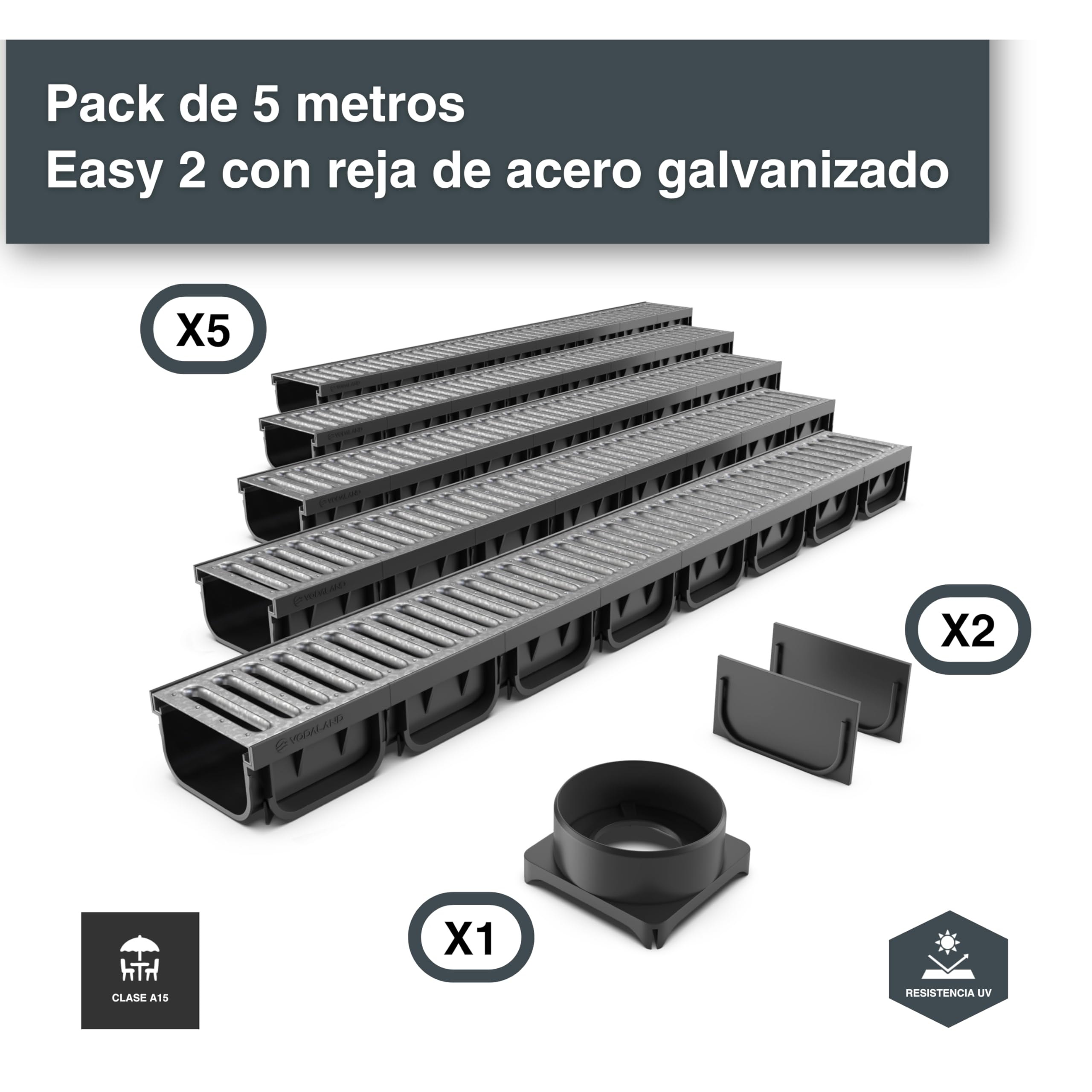 VODALAND - Canaleta de Desagüe Easy 2 con Rejilla de Acero Galvanizado - Kit de 5 Metros para Drenaje de Jardín y Aguas Pluviales | Alta Resistencia para Recoger Agua | Ideal para Terraza