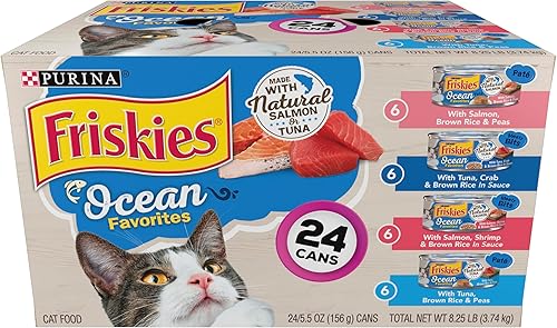 Purina Friskies - Paquete variado de alimentos húmedos naturales para gatos, salmón y atún de Ocean Favorites, (24) 5.5 onzas Latas